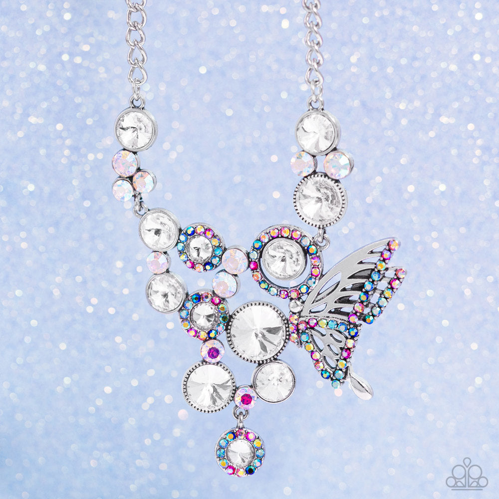As Luck Would HALF It - White - Iridescent Gem Butterfly Necklace - Black Diamond Exclusive - Paparazzi Accessories