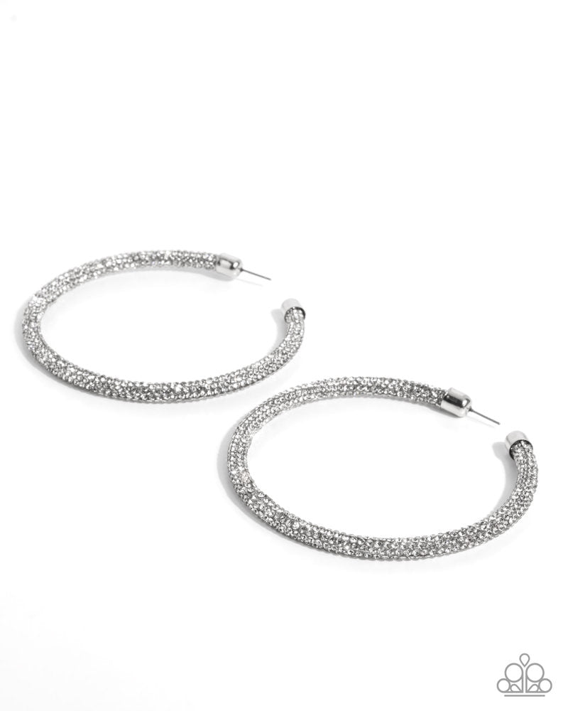 Classy Condition - White Rhinestone Encrusted Silver Hoop Earrings - Life of the Party Exclusive May 2025 - Paparazzi Accessories