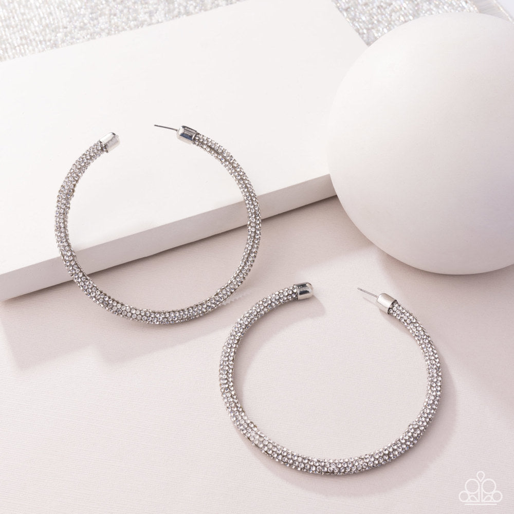 Classy Condition - White Rhinestone Encrusted Silver Hoop Earrings - Life of the Party Exclusive May 2025 - Paparazzi Accessories