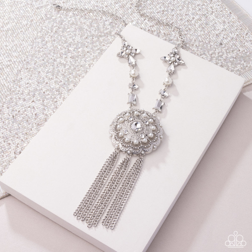Virtuous Venture - White Rhinestone & Pearl Pendant Silver Necklace - Life of the Party Exclusive May 2025 - Paparazzi Accessories