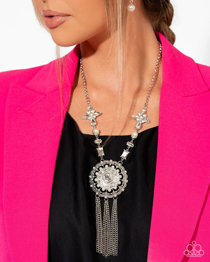 Virtuous Venture - White Rhinestone & Pearl Pendant Silver Necklace - Life of the Party Exclusive May 2025 - Paparazzi Accessories