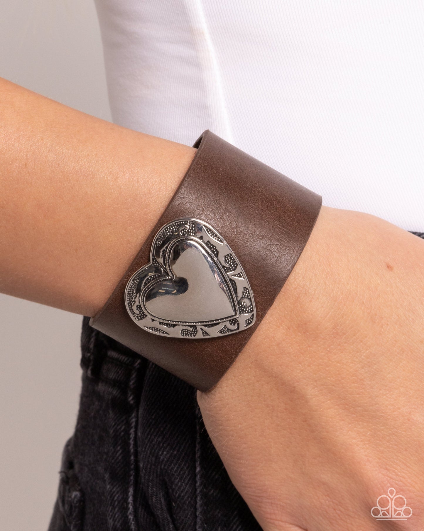 Decorated Debut - Brown Leather Silver Heart Wrap Bracelet - Paparazzi Accessories