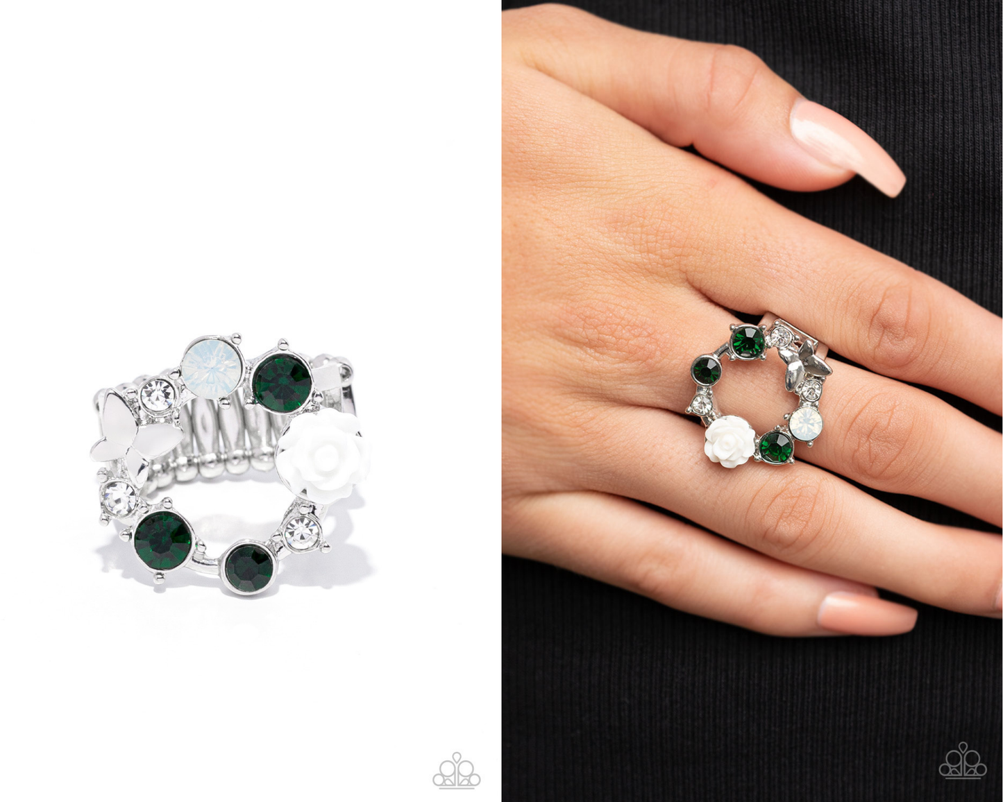 Butterfly Bustle - Green Rhinestone Silver Butterfly Ring - Paparazzi Accessories