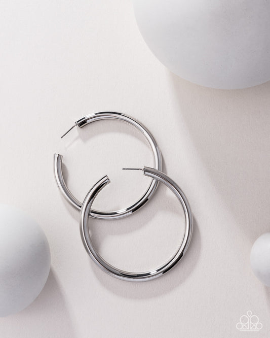 Curve Ball - Silver Hoop Blockbuster Earrings - Paparazzi Accessories