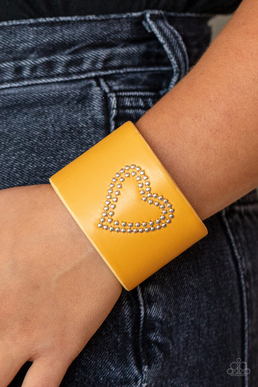 Rodeo Romance - Yellow Leather Silver Heart Studded Cuff Bracelet - Paparazzi Accessories