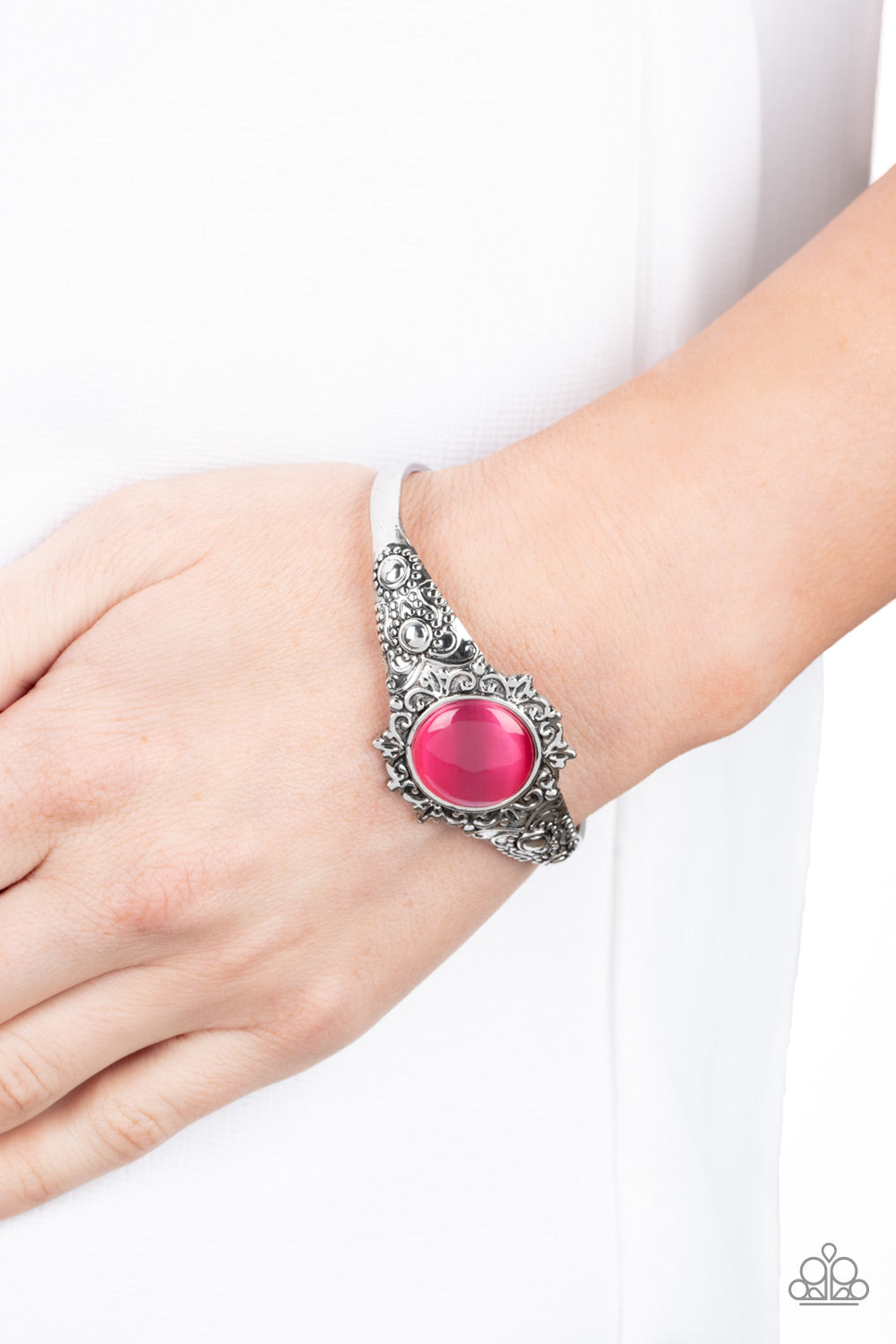 Extravagantly Enchanting - Pink Cat's Eye Stone Silver Cuff Bracelet - Paparazzi Accessories