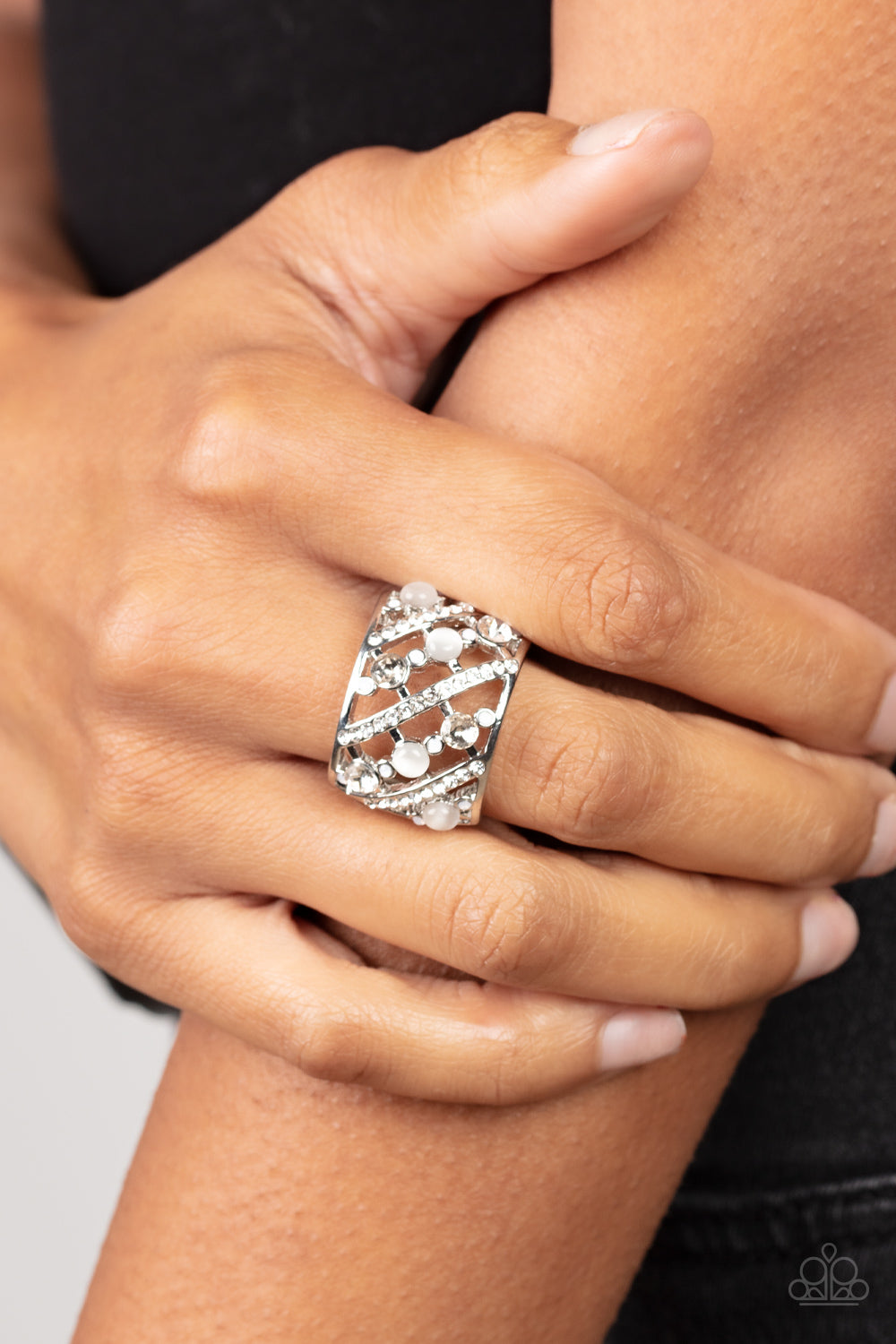 Bubbles for Brunch - White Rhinestone & Cat's Eye Silver Ring - Paparazzi Accessories