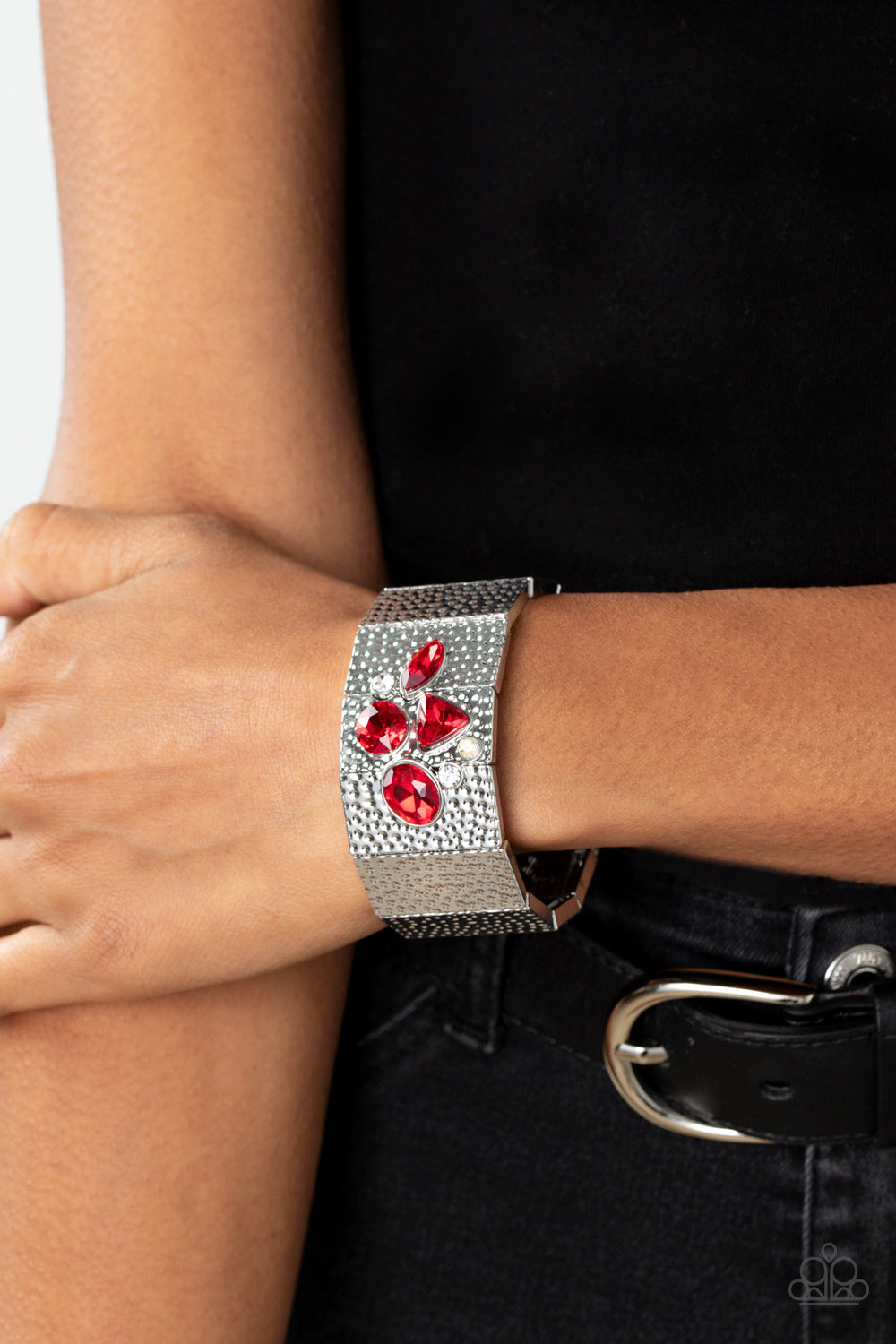 Flickering Fortune - Red Rhinestone Silver Stretchy Bracelet - Paparazzi Accessories
