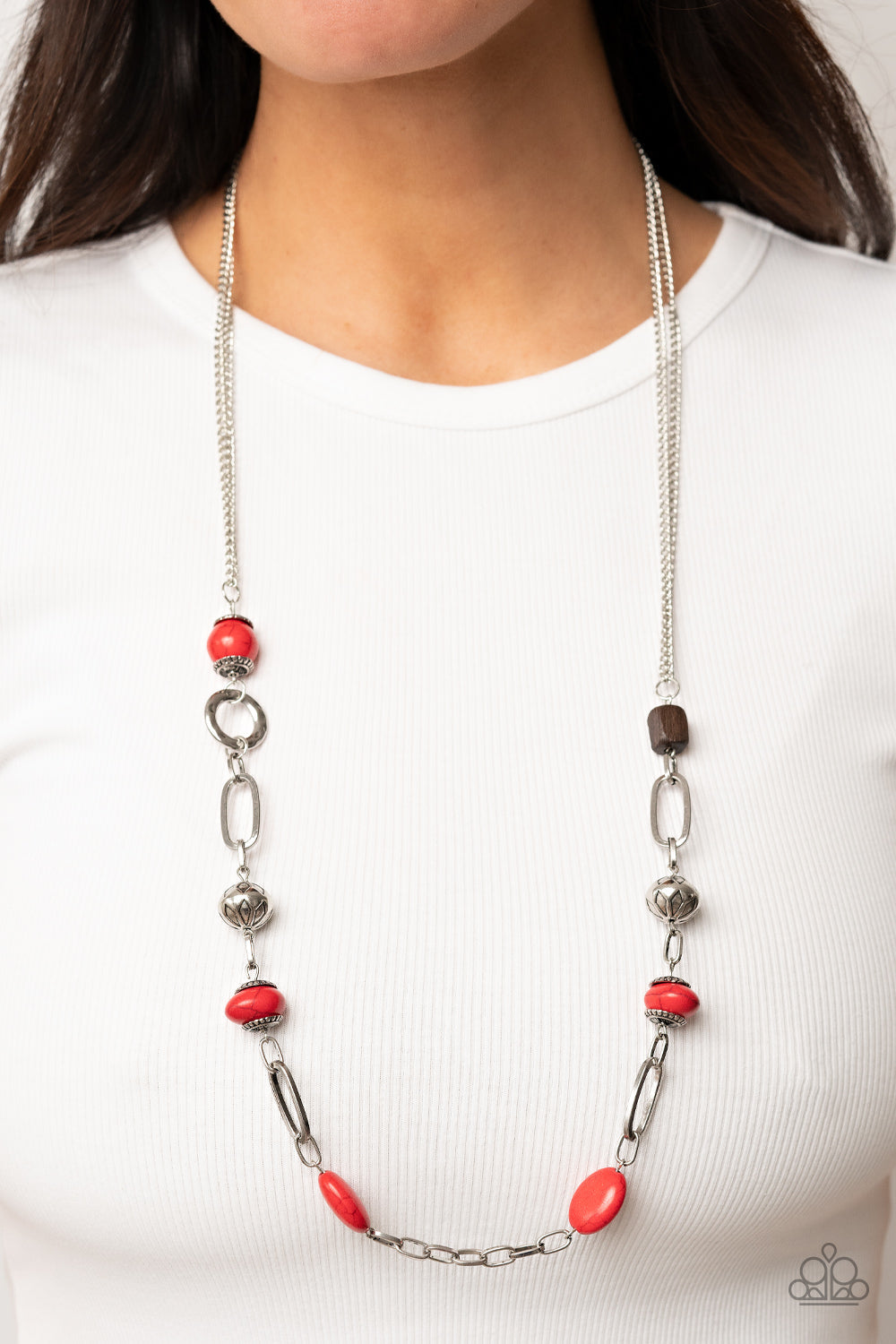 Barefoot Bohemian - Red Stones Silver Necklace - Paparazzi Accessories