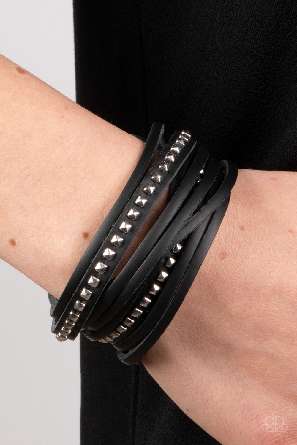 Studded Sensation - Black Leather Silver Snap Wrap Bracelet - Paparazzi Accessories