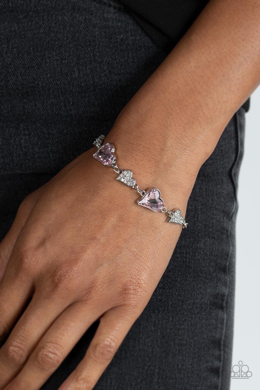 Cluelessly Crushing - Pink Gem Hearts Clasp Bracelet - Paparazzi Accessories