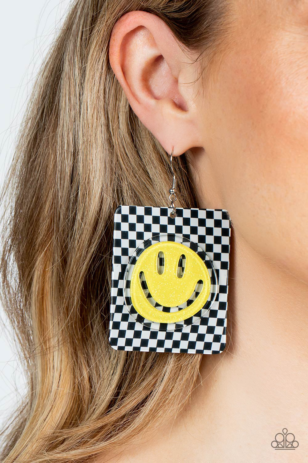 Cheeky Checkerboard - Yellow Acrylic Smiley Face Fishhook Earrings - Paparazzi Accessories