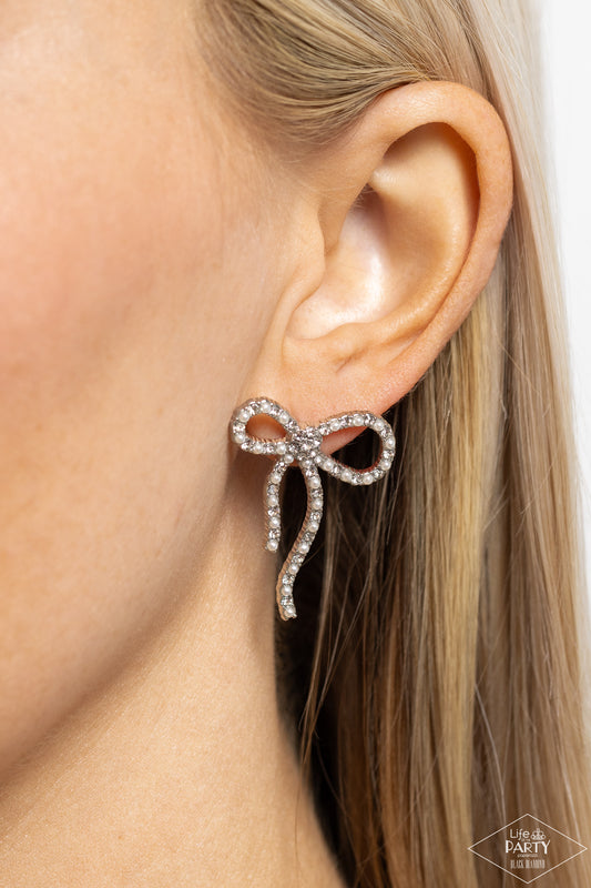 Deluxe Duet - White Pearl & Silver Bow Post Earrings - Paparazzi Accessories