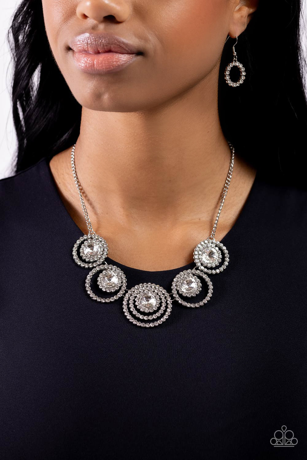 Dramatic Darling - White Rhinestone Circles Necklace - Paparazzi Accessories
