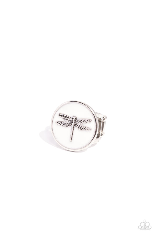 Debonair Dragonfly - White Enamel Ring - Paparazzi Accessories