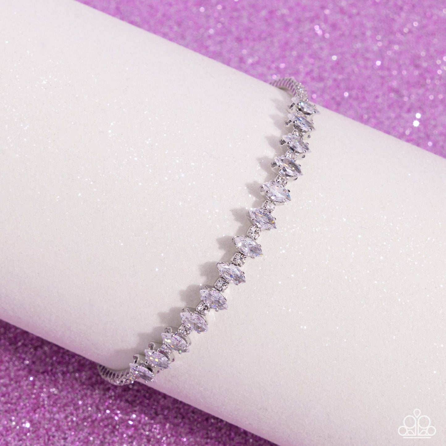 Dandy Dancer - White Marquise Rhinestone Flex Cuff/Coil Bracelet - Paparazzi Accessories