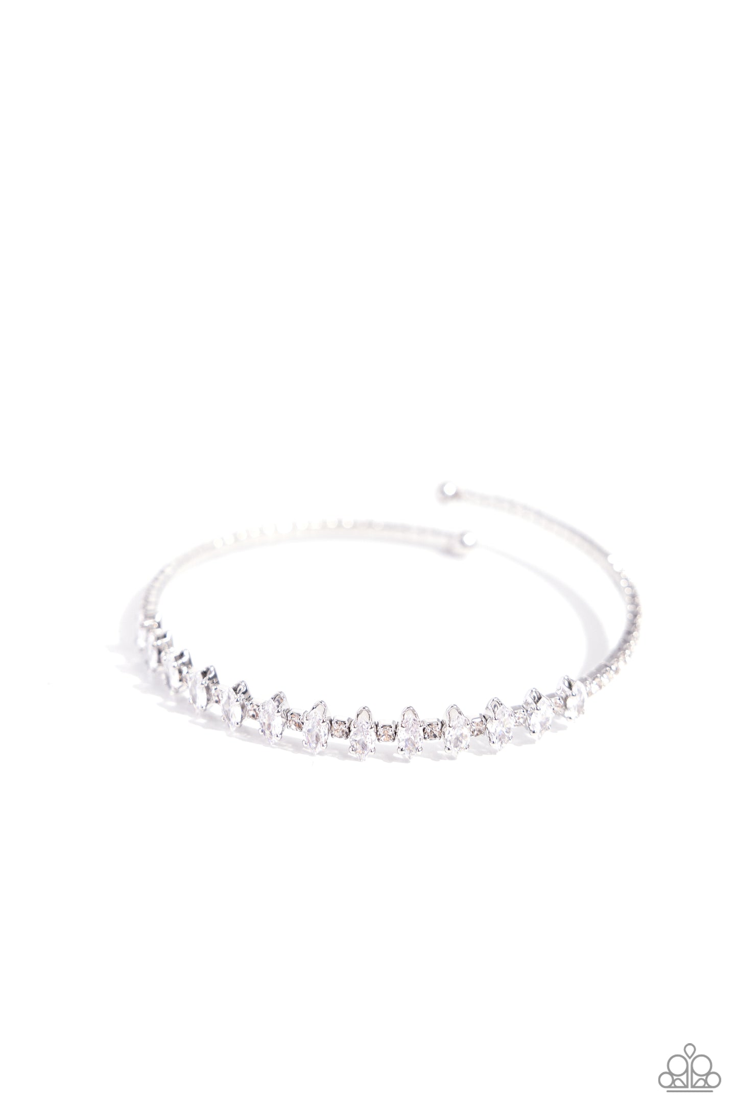 Dandy Dancer - White Marquise Rhinestone Flex Cuff/Coil Bracelet - Paparazzi Accessories