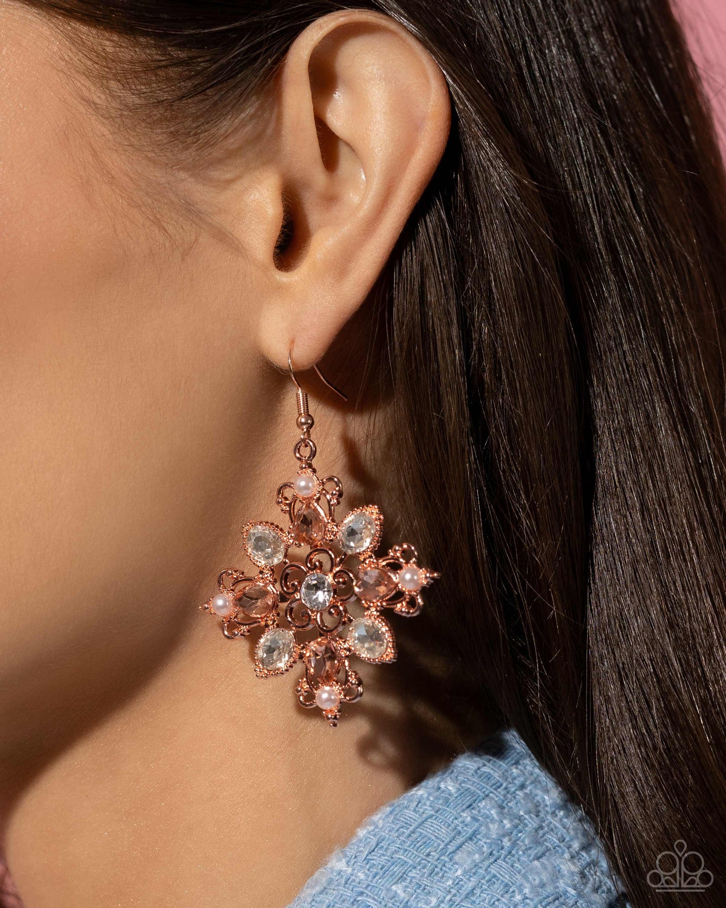 Fancy-Free Florals - Copper Filigree Pearl & Rhinestone Fishhook Earrings - Paparazzi Accessories