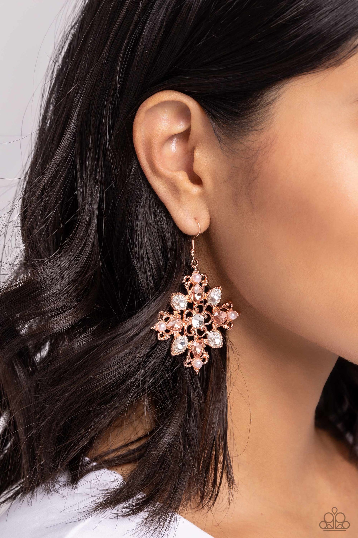 Fancy-Free Florals - Copper Filigree Pearl & Rhinestone Fishhook Earrings - Paparazzi Accessories