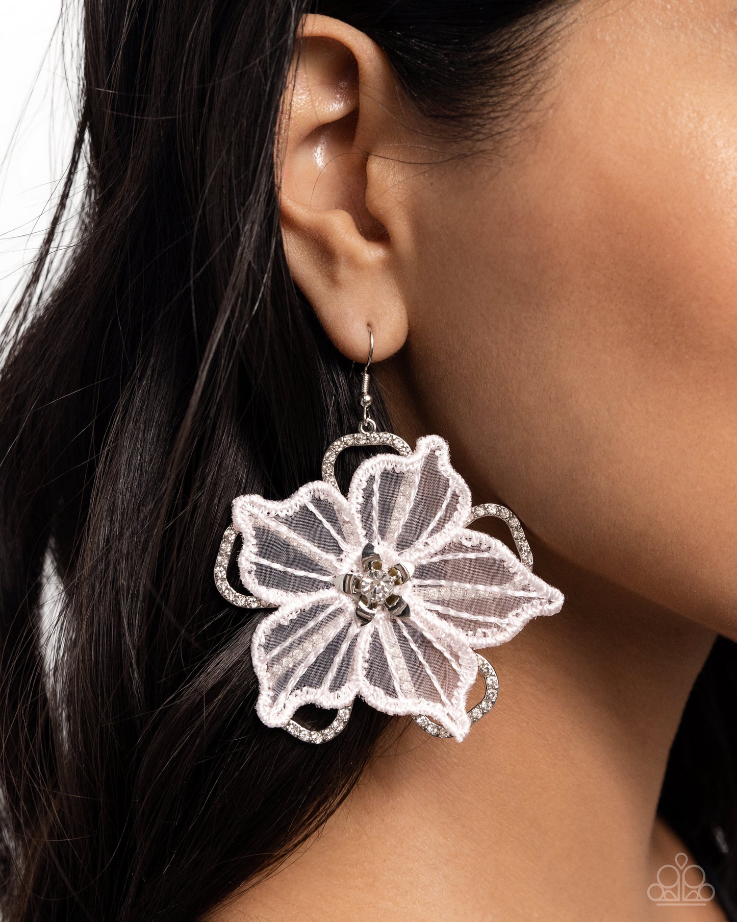 Refined Recognition - White Lace Flower Fishhook Earrings - Paparazzi Accessories