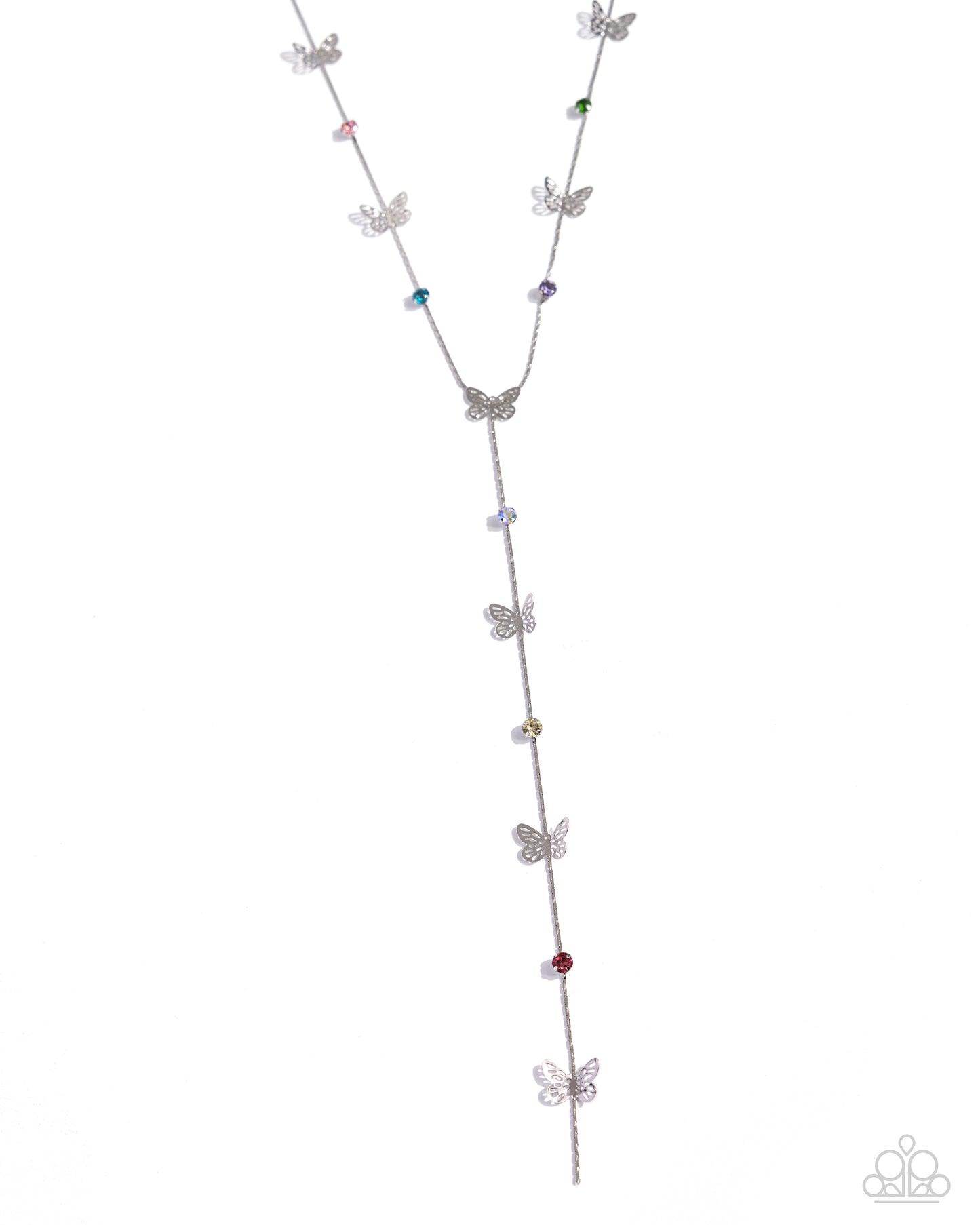 Aerial Attention - Multi Rhinestone Silver Butterfly Y-shaped Necklace - Paparazzi Accessories