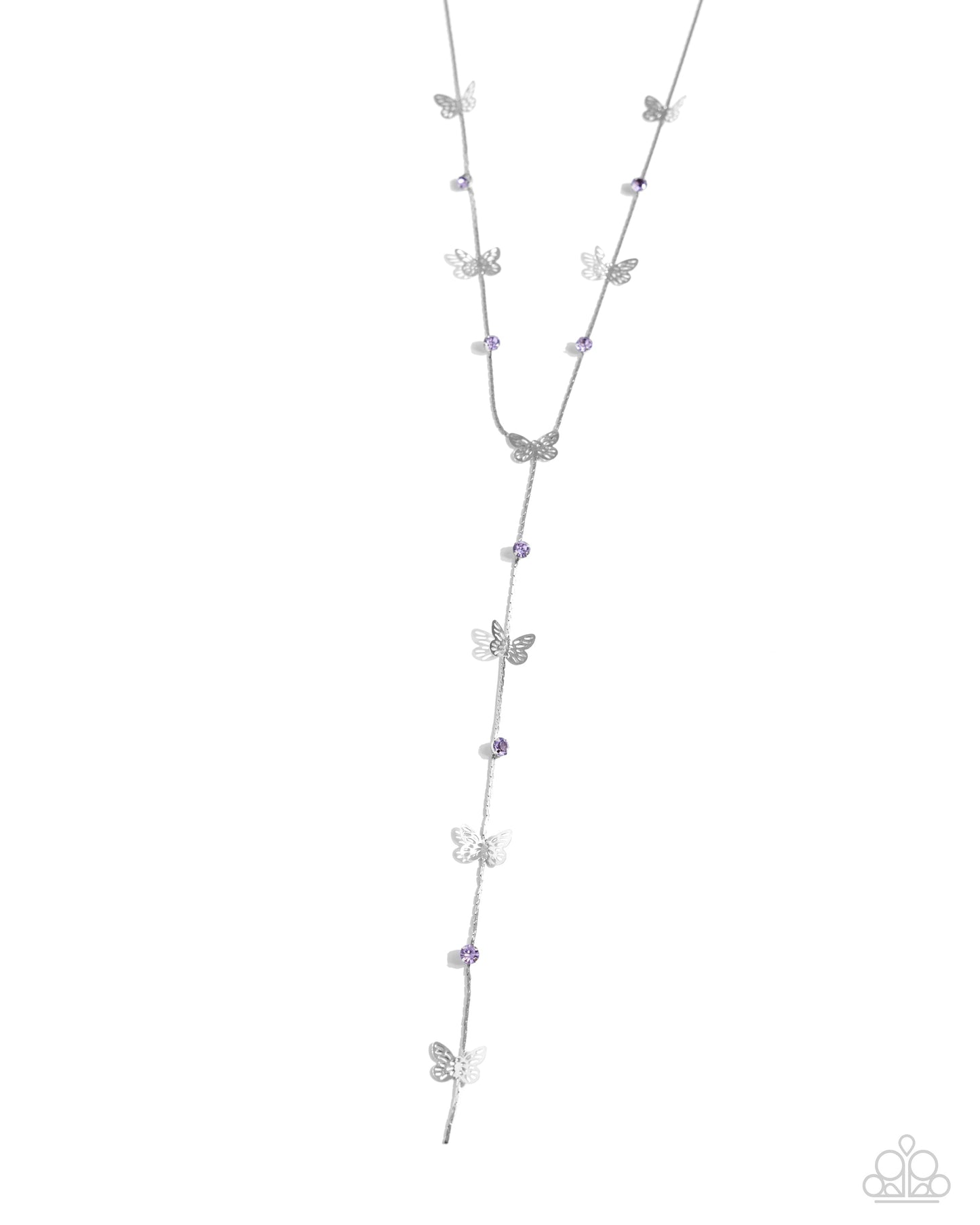 Aerial Attention - Purple Rhinestone Silver Butterfly Y-shaped Necklace - Paparazzi Accessories
