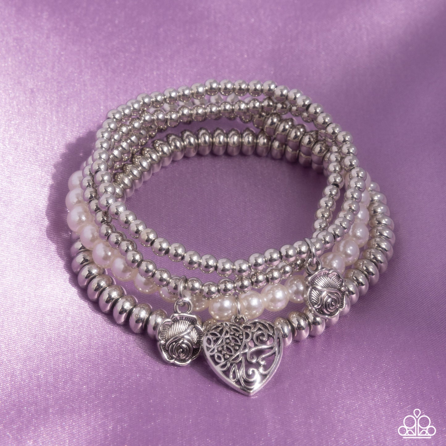 Filigree Fairytale - White Pearl & Silver Heart Charms Stretchy Bracelet - Paparazzi Accessories
