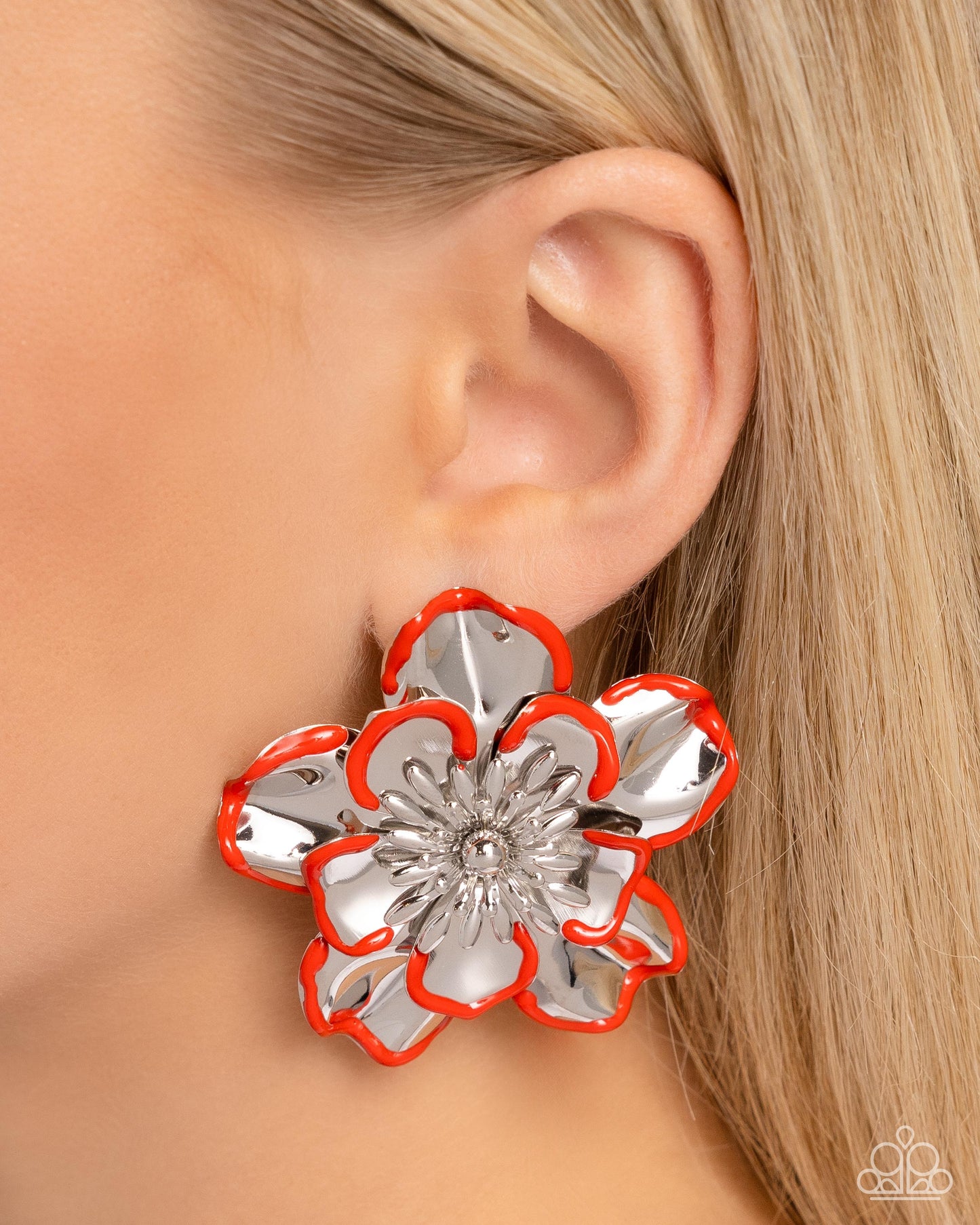 Merry Model - Red Framed Silver Flower Post Earrings - Paparazzi Accessories