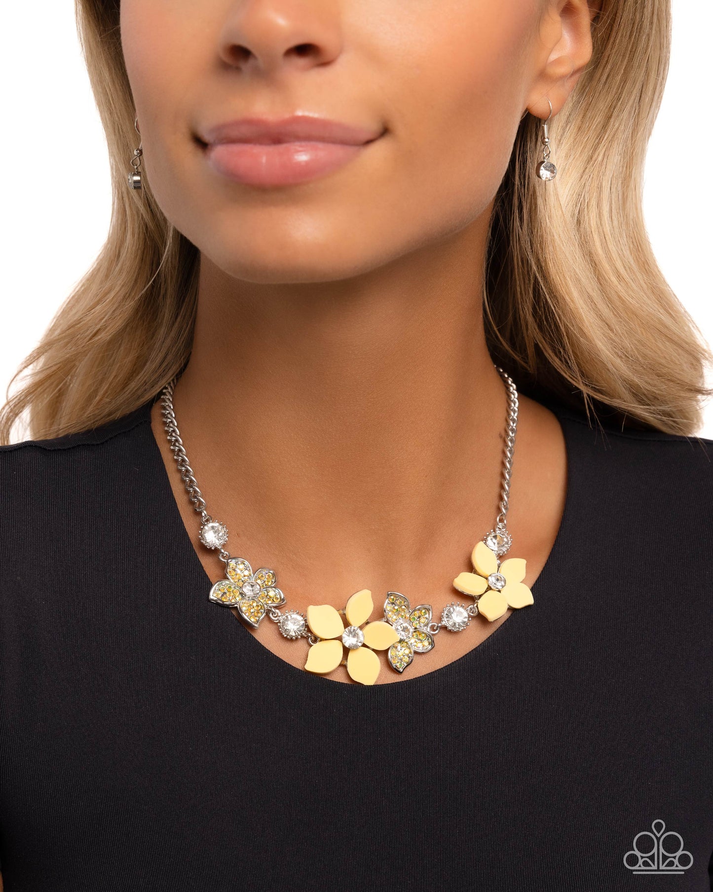 Bouquet Ballad - Yellow Iridescent Rhinestone Acrylic Flowers Silver Necklace - Paparazzi Accessories