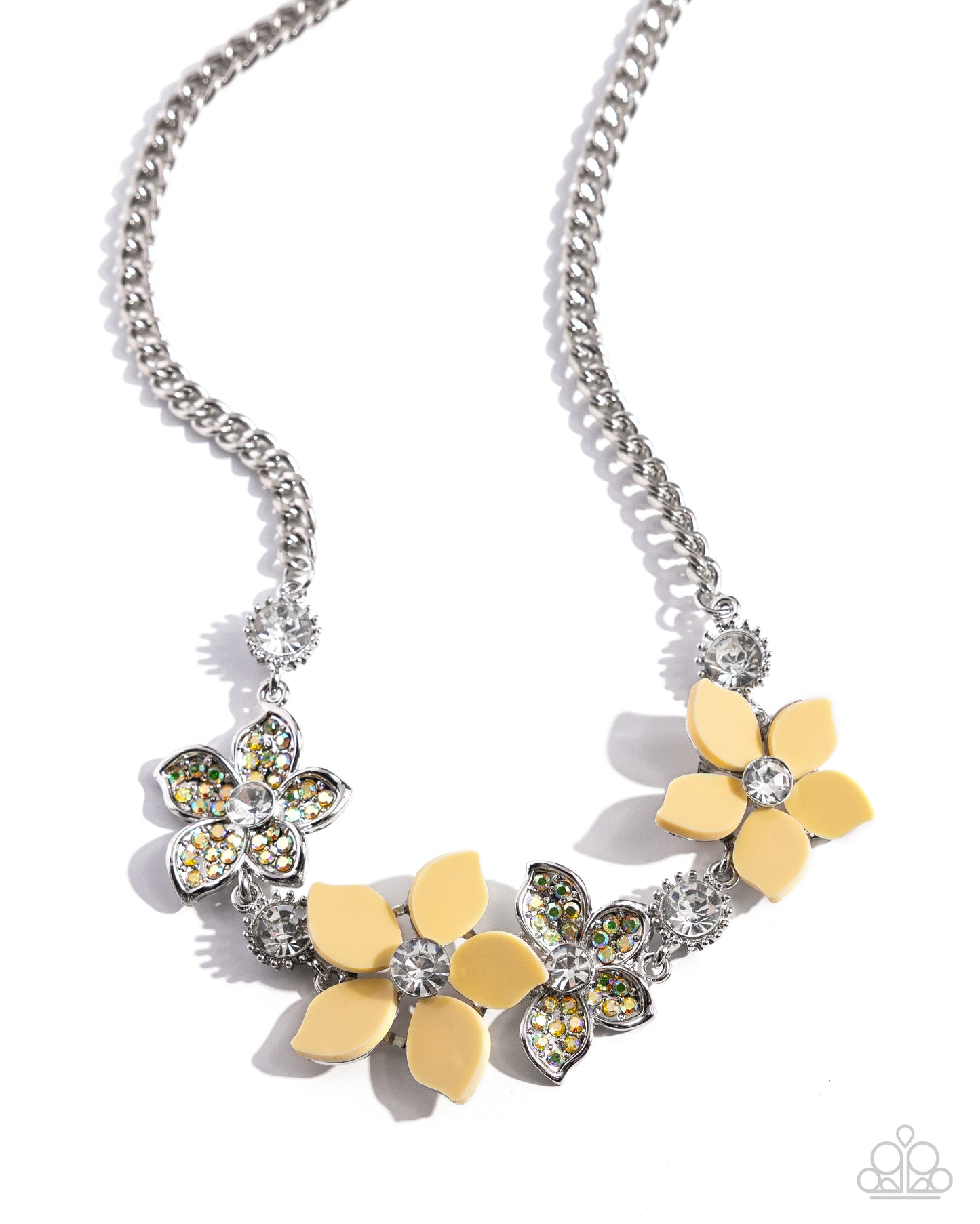 Bouquet Ballad - Yellow Iridescent Rhinestone Acrylic Flowers Silver Necklace - Paparazzi Accessories