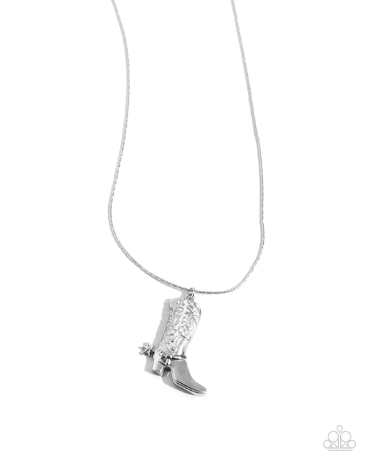 Cowboy Confidence - White Enamel Silver Boot Necklace - Paparazzi Accessories