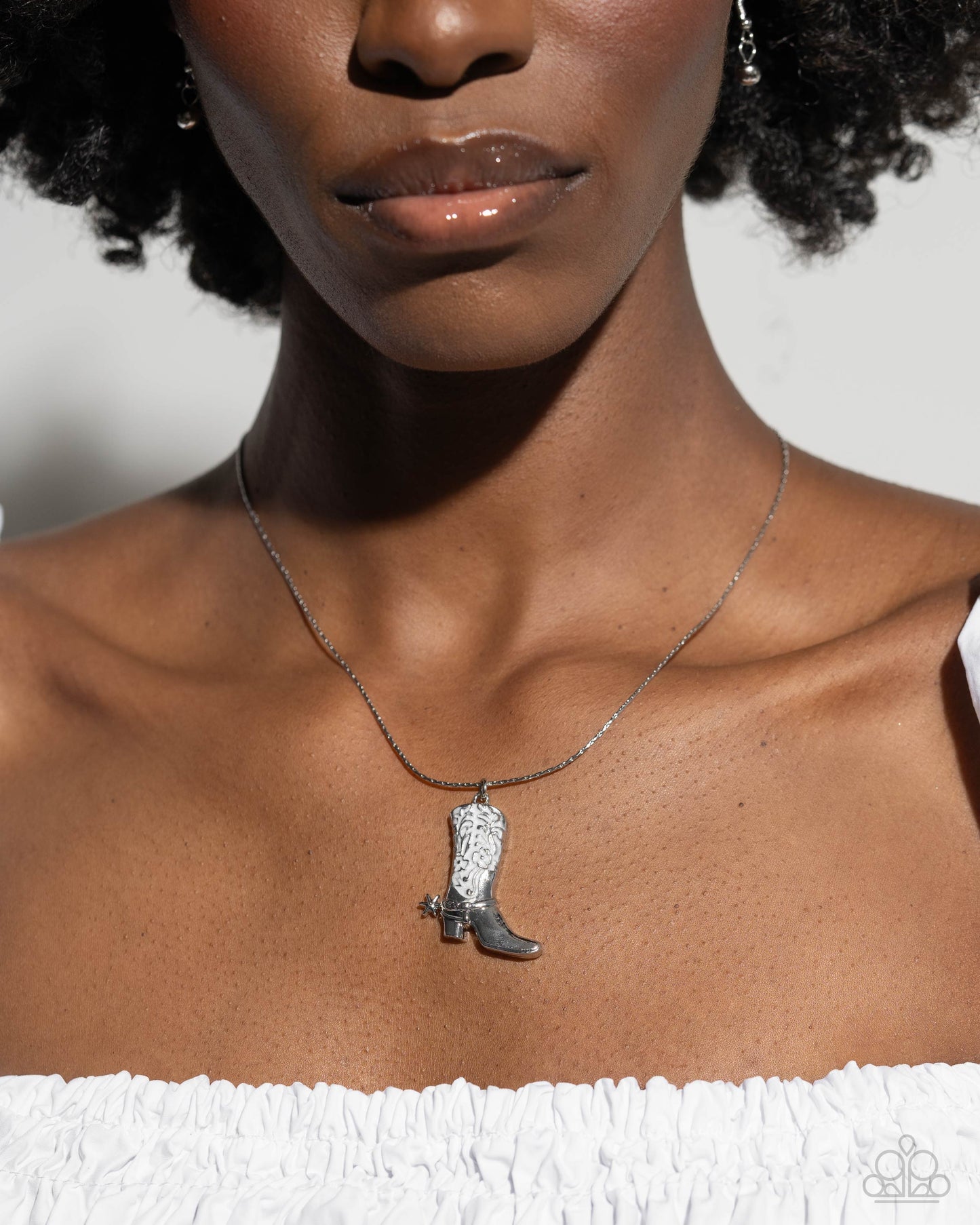Cowboy Confidence - White Enamel Silver Boot Necklace - Paparazzi Accessories