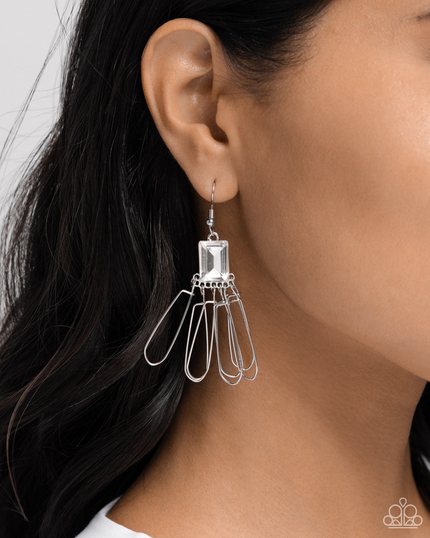 Factory Flair - White Rhinestone Silver Fishhook Earrings - Paparazzi Accessories