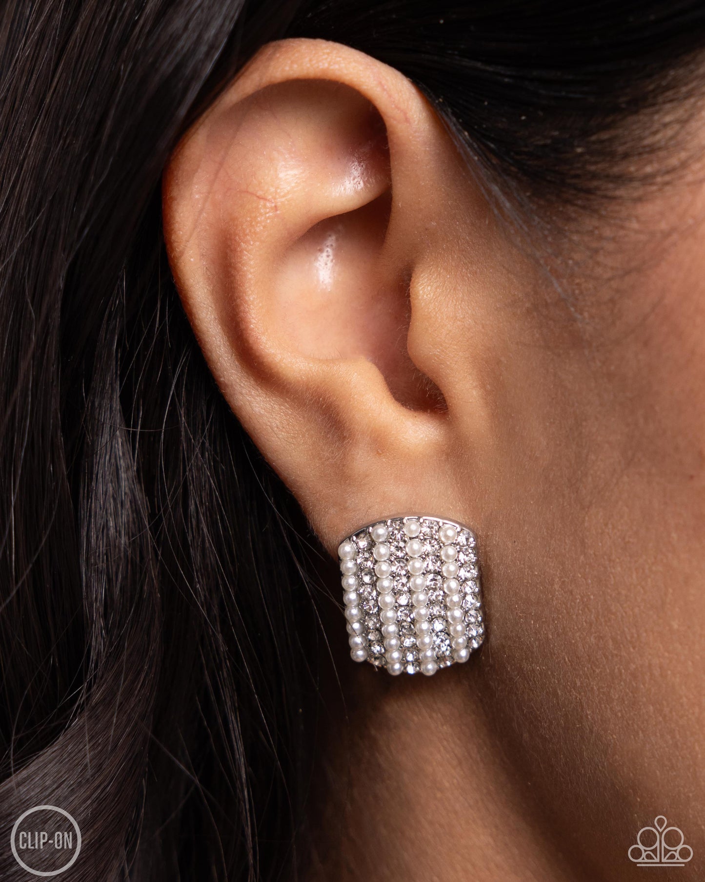 Glittering Generosity - White Rhinestone & Pearl Clip-on Earrings - Paparazzi Accessories