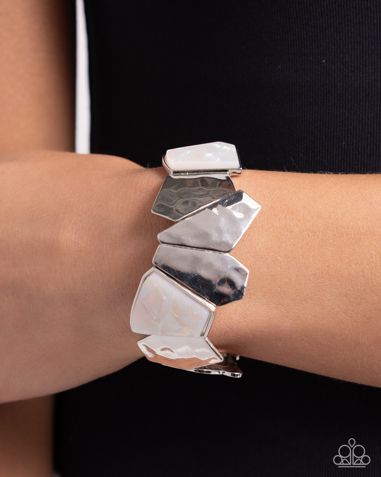 Mismatched Marvel - White Brushed Acrylic & Hammered Silver Stretchy Bracelet - Paparazzi Accessories