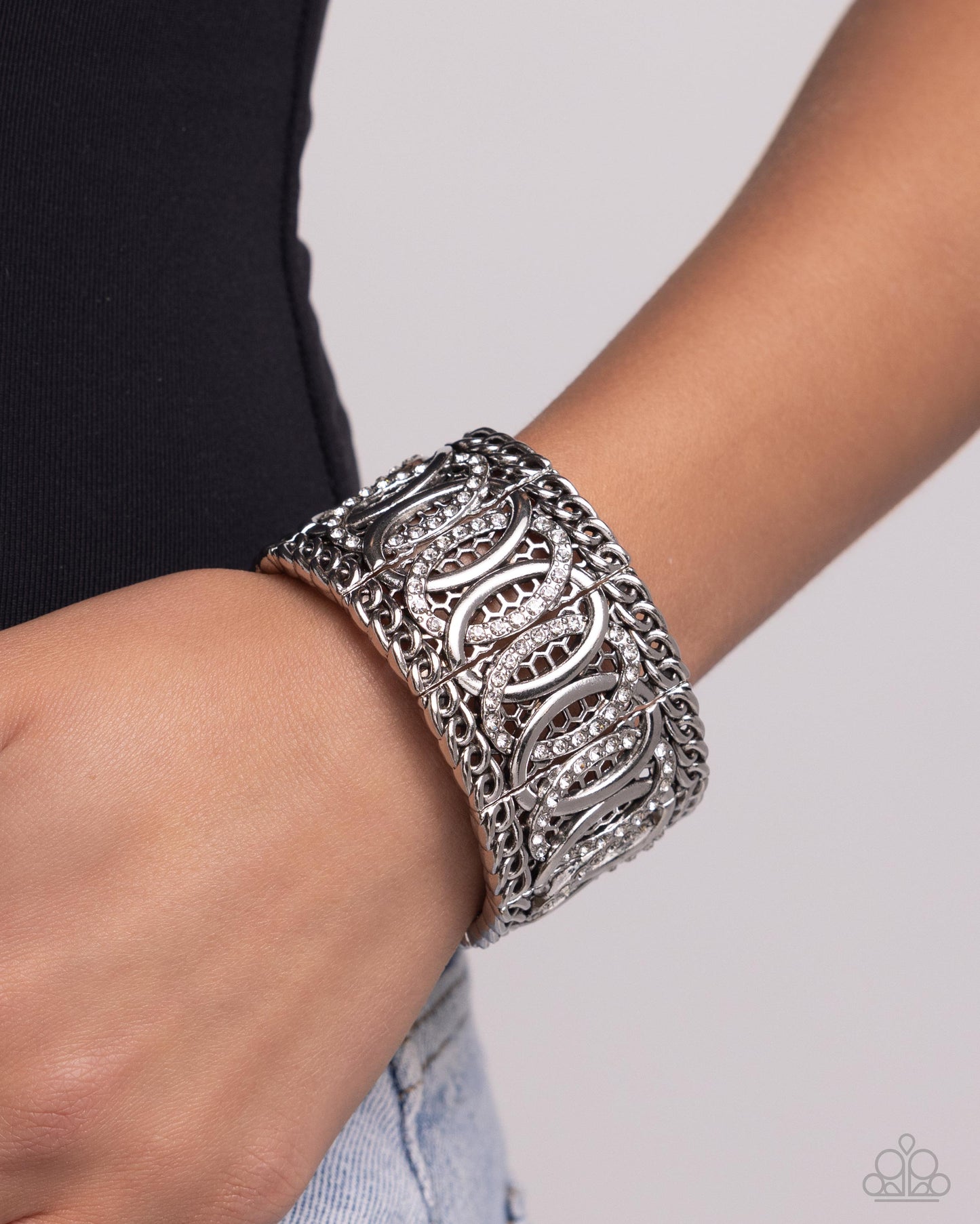 Forged Fashion - White Rhinestone Silver Chain Stretchy Bracelet - Paparazzi Accessories