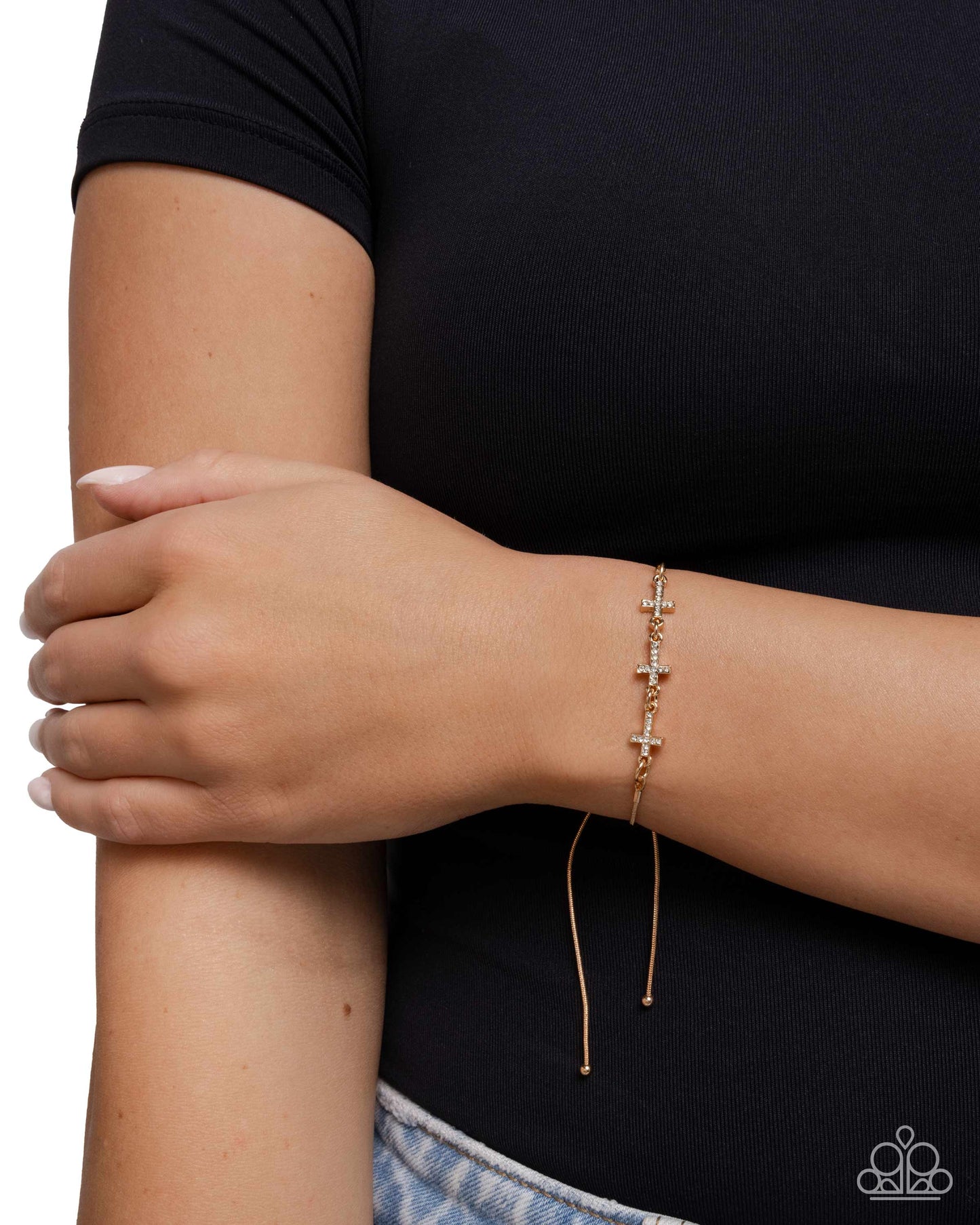 Holy Order - Gold Crosses White Rhinestone Sliding Bead Closure Bracelet - Paparazzi Accessories