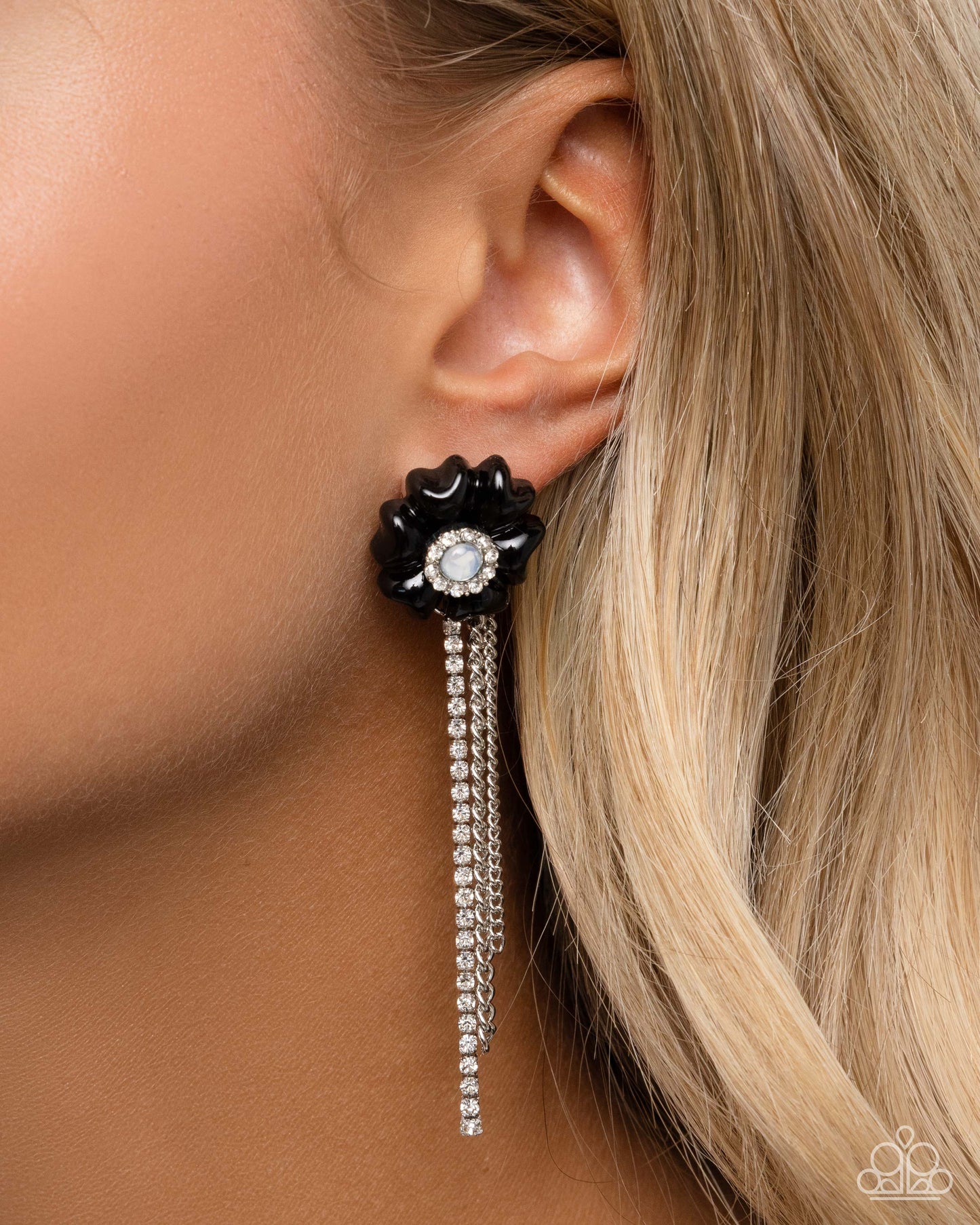 Floral Fuel - Black Flower Rhinestone Fringe Post Earrings - Paparazzi Accessories