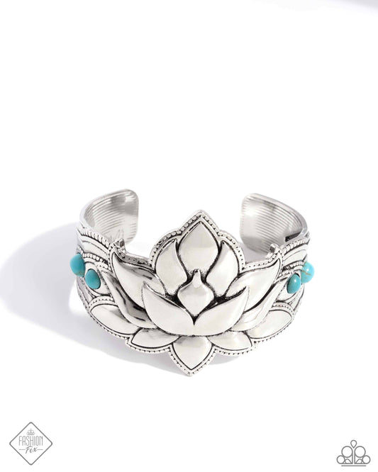 Desert Drill - Blue Stone Lotus Flower Cuff Bracelet - Paparazzi Accessories