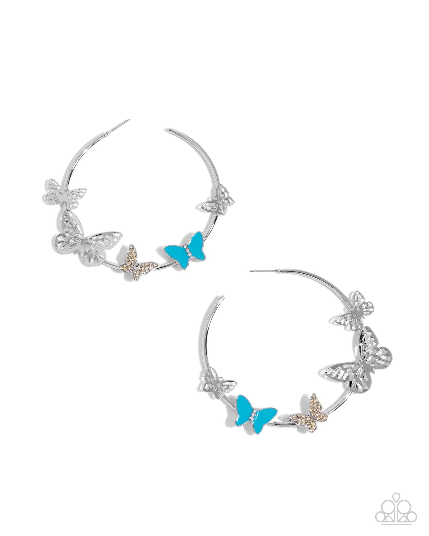 Aerial Allegiance - Multi Rhinestone Blue Enamel Butterfly Silver Hoop Earrings - Paparazzi Accessories