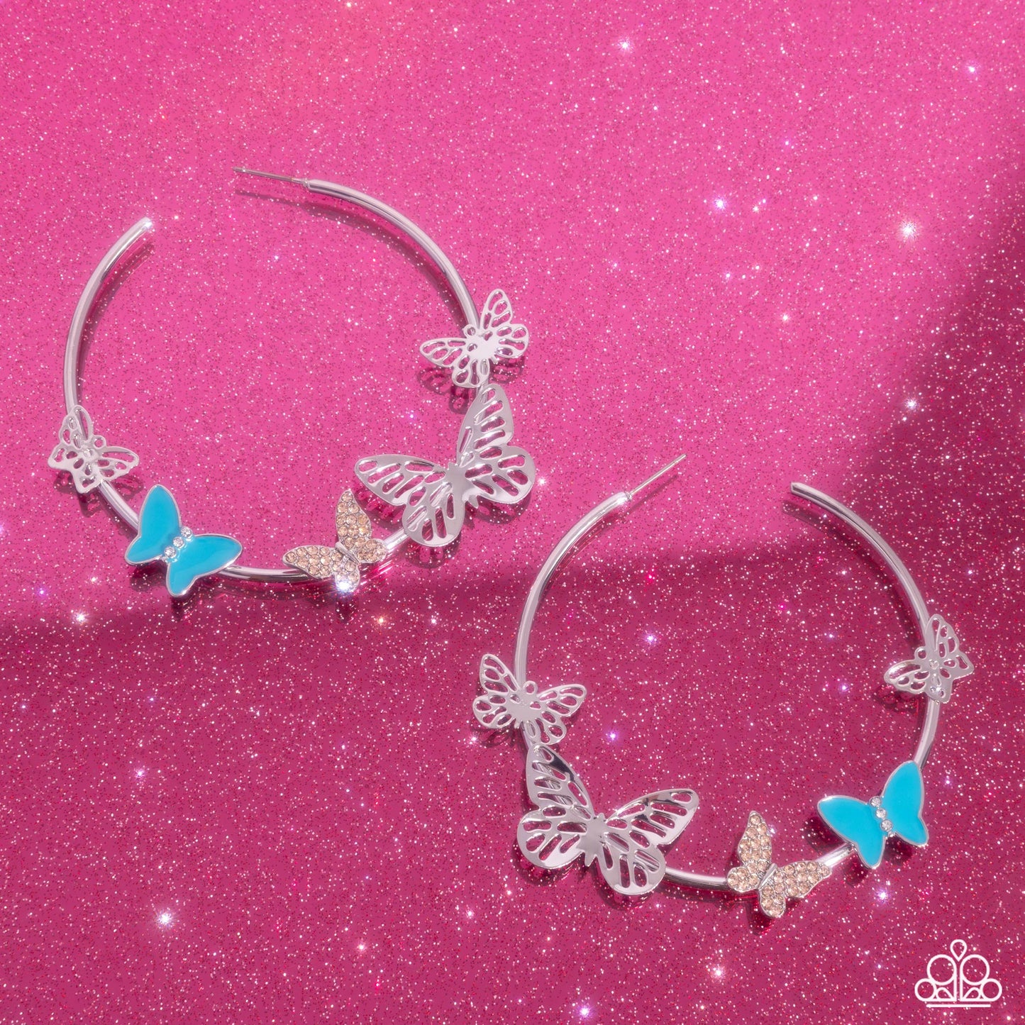 Aerial Allegiance - Multi Rhinestone Blue Enamel Butterfly Silver Hoop Earrings - Paparazzi Accessories