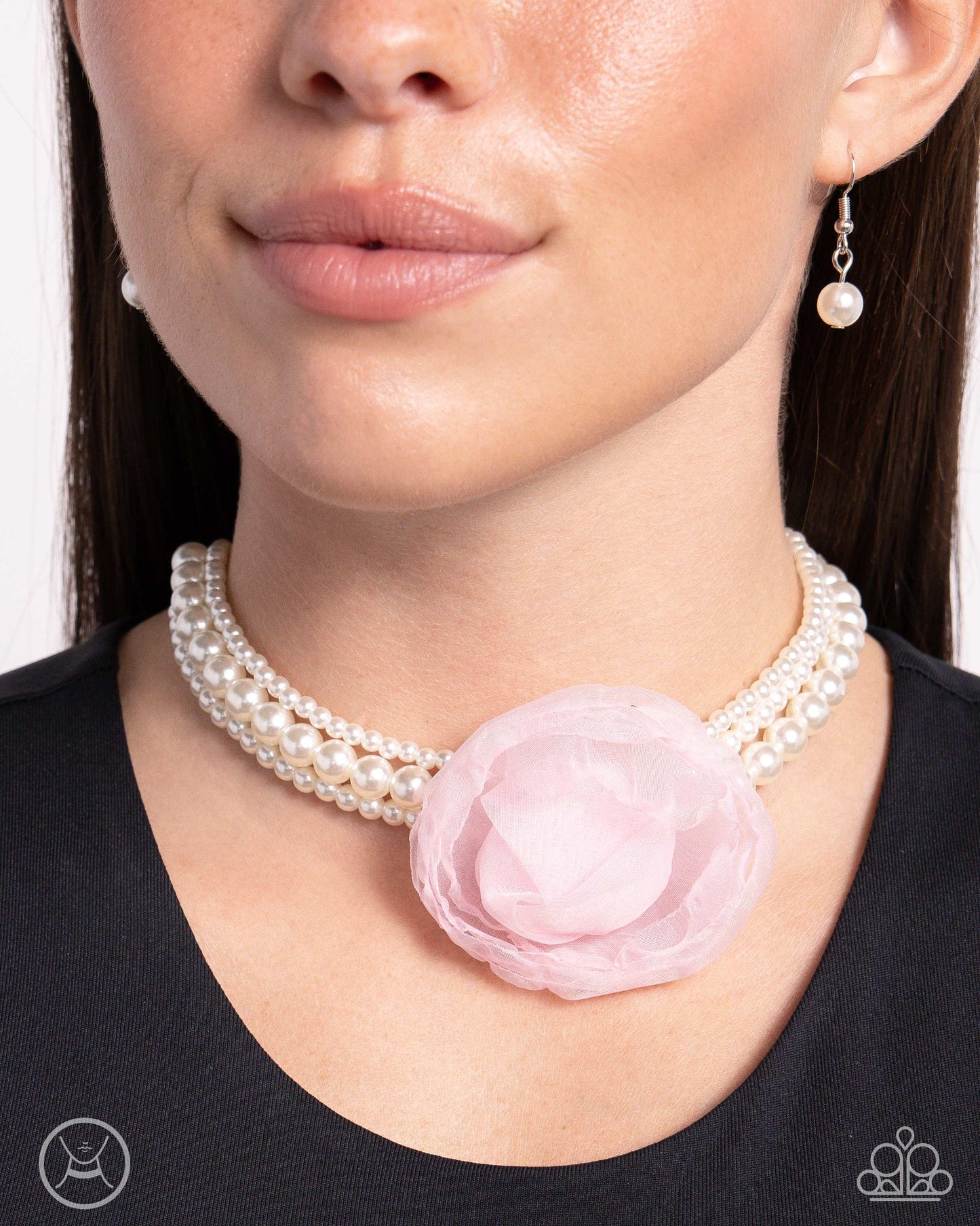 Radiant Rosette - Pink Chiffon Flower Pearl Choker Necklace - Paparazzi Accessories