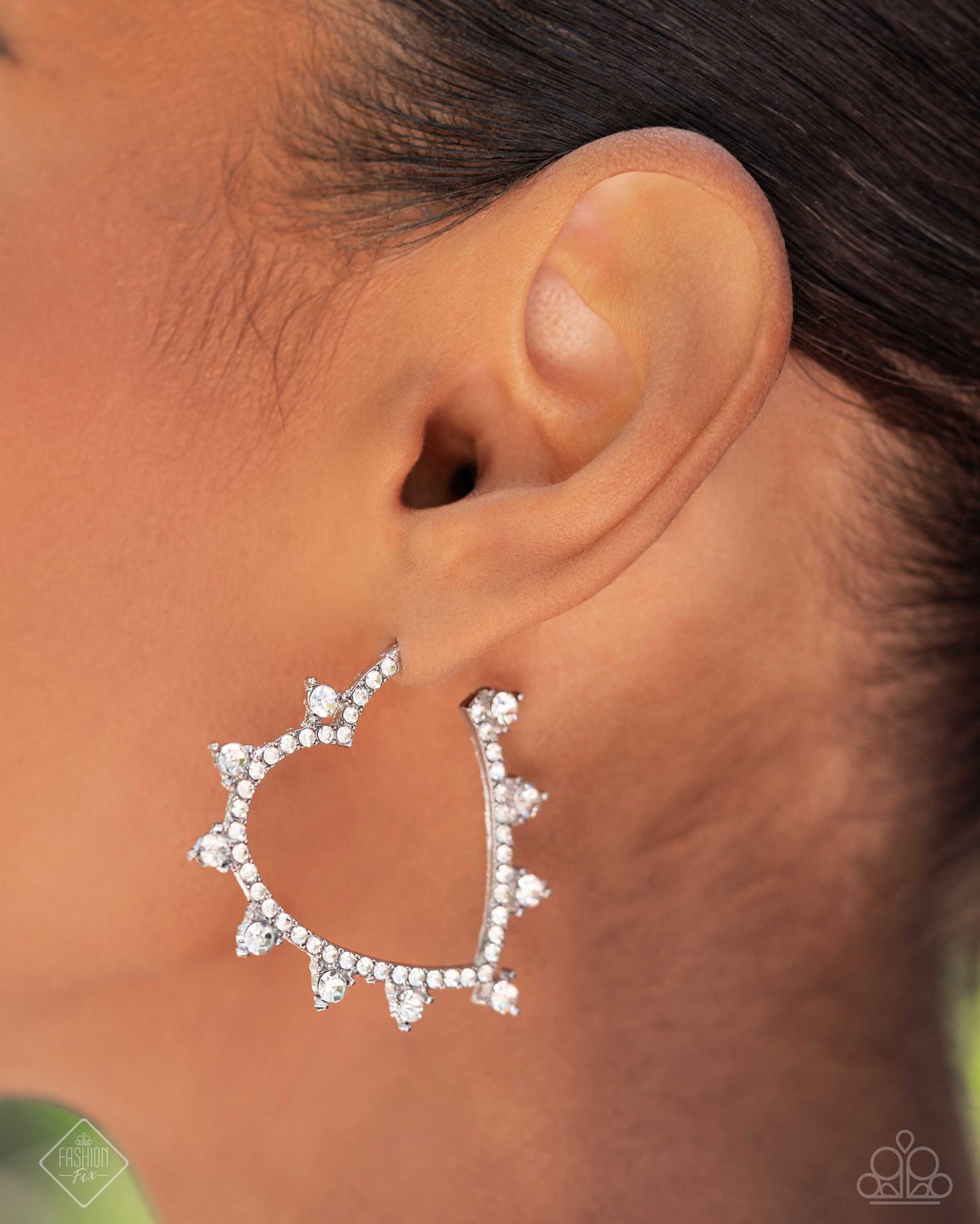Excessive Elevation - White Rhinestone Heart Hoops - Paparazzi Accessories