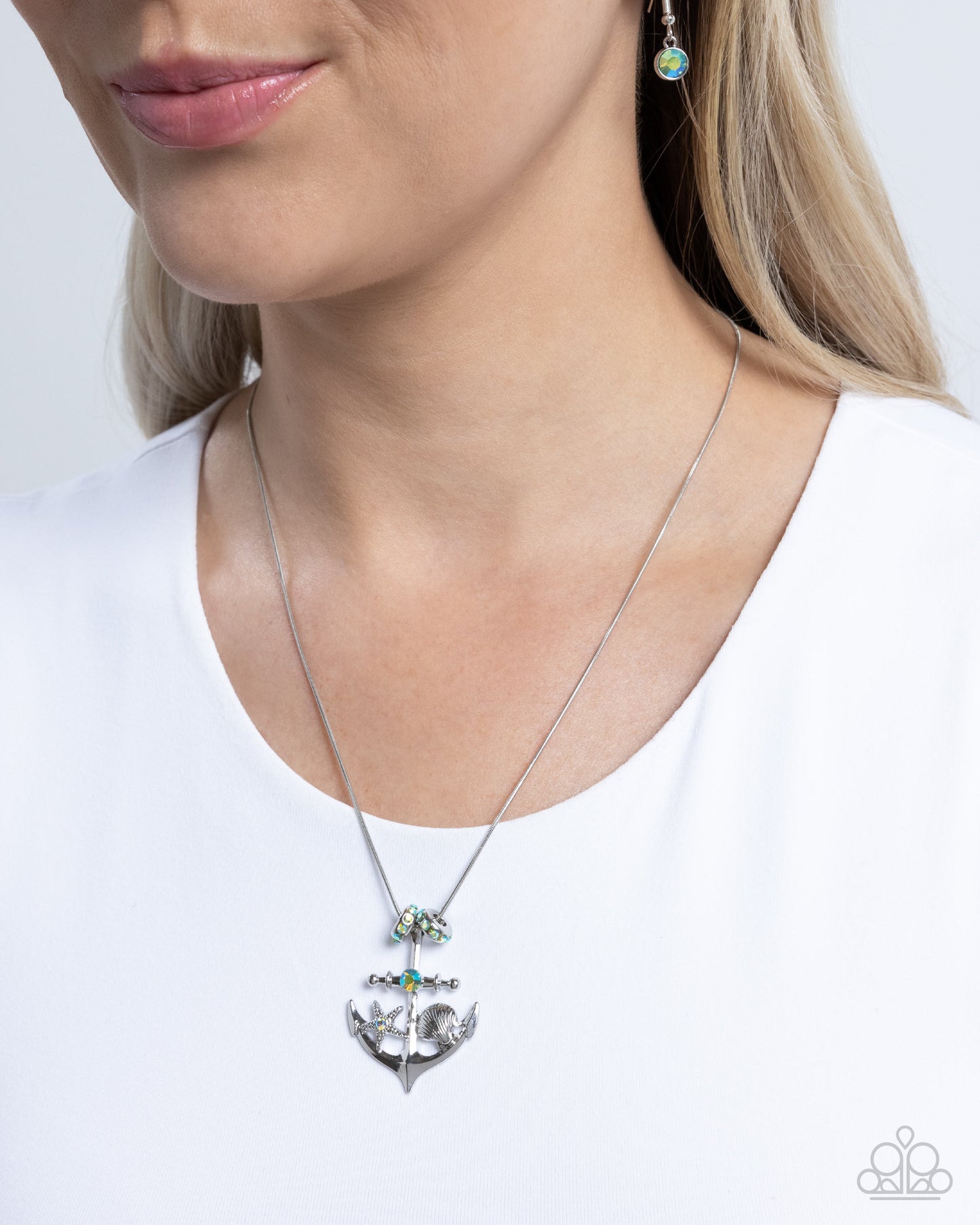 Anchored Accent - Green Iridescent Gem Silver Pendant Necklace - Paparazzi Accessories