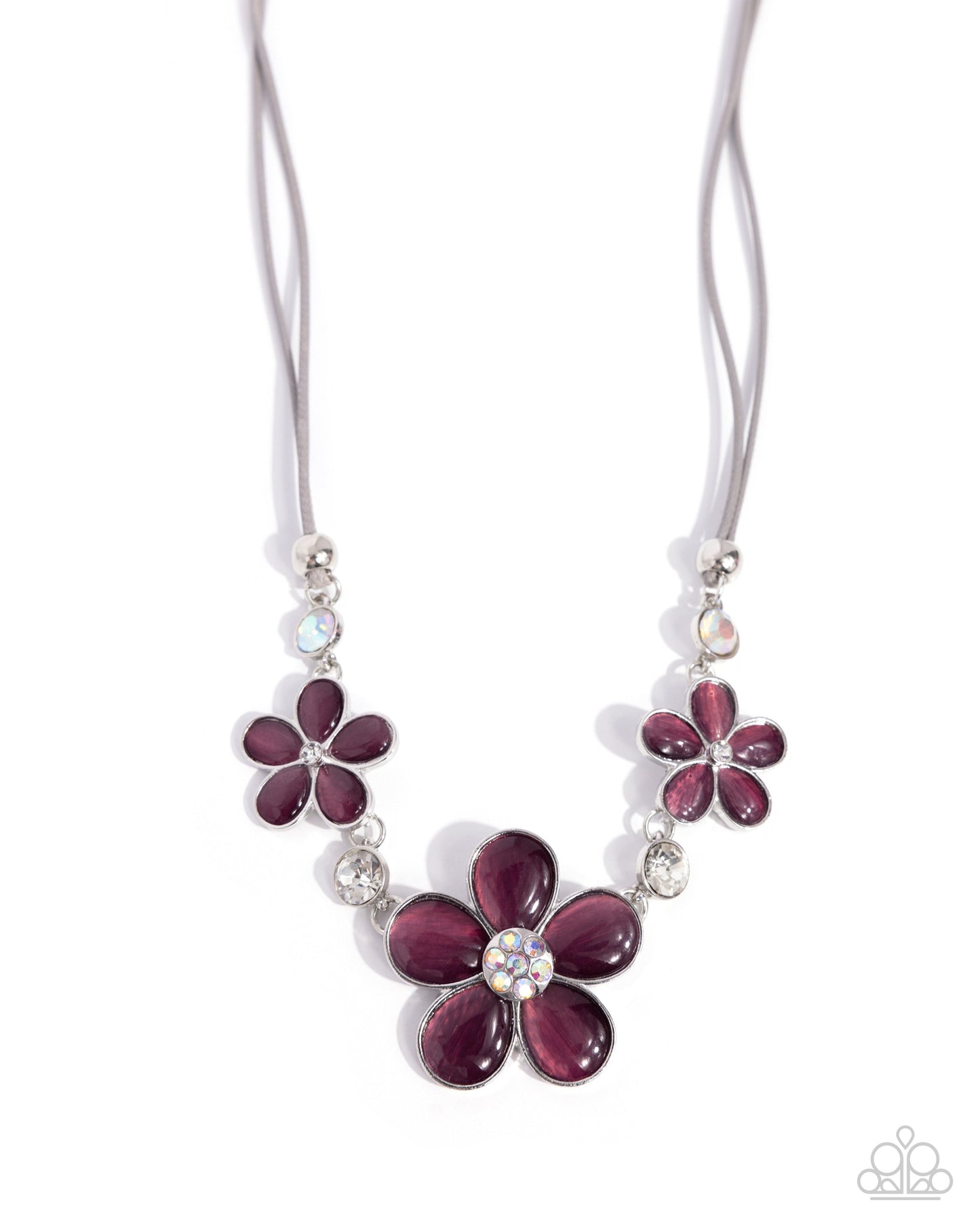 Cats Eye Calm - Purple Stone, Iridescent Rhinestone, Gray Cord Necklace - Paparazzi Accessories