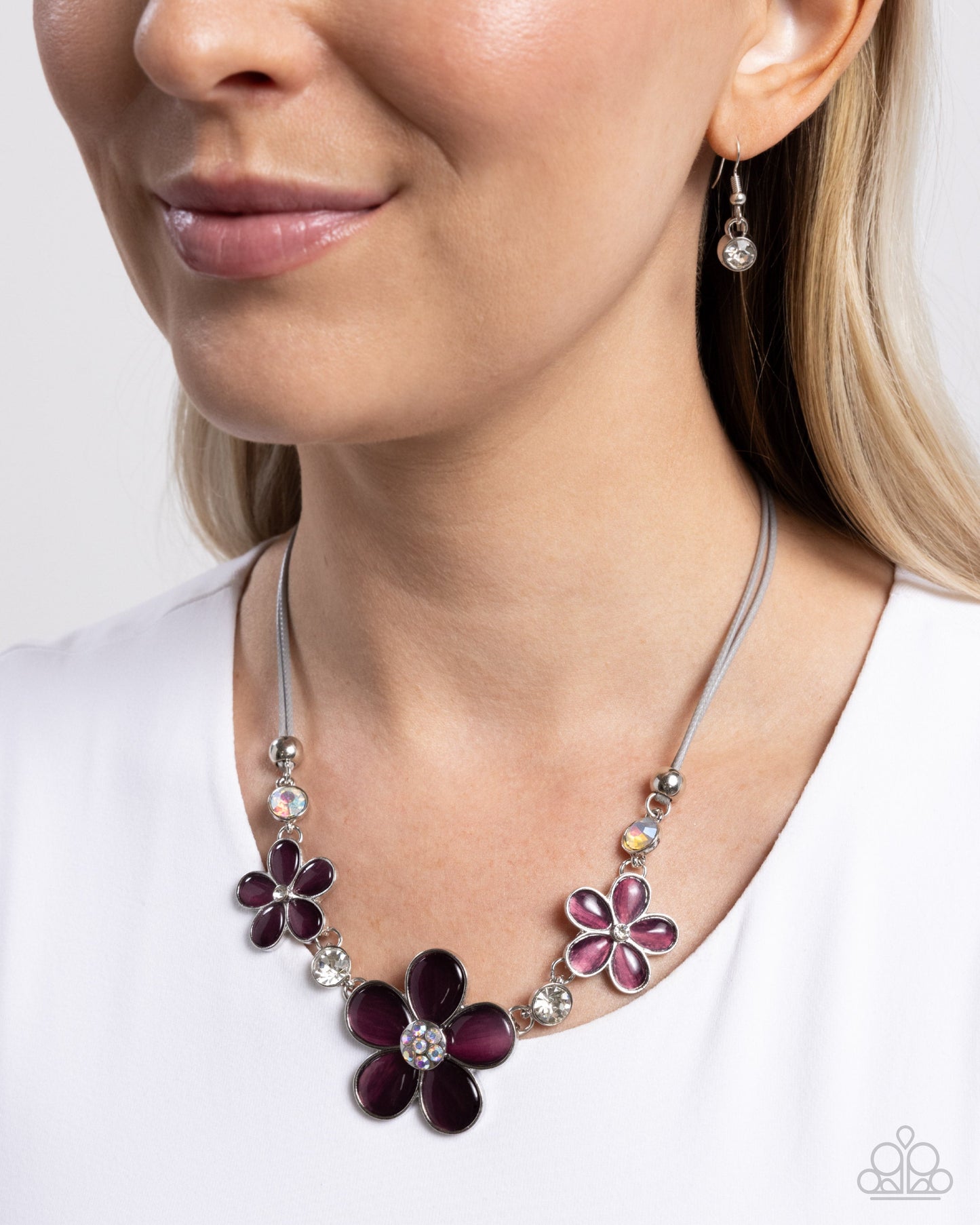 Cats Eye Calm - Purple Stone, Iridescent Rhinestone, Gray Cord Necklace - Paparazzi Accessories