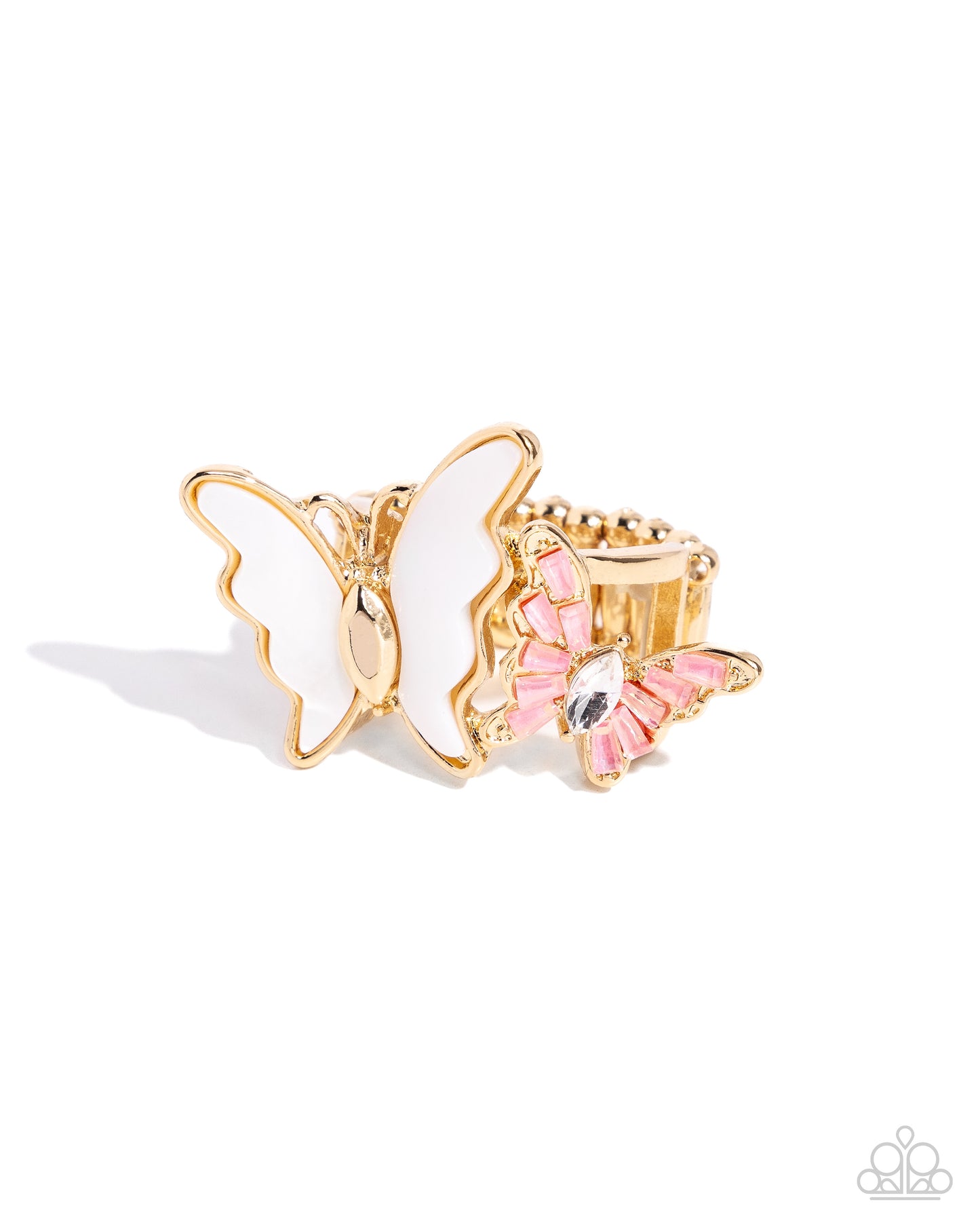 Dueling Decadence - Gold, Pink Rhinestone White Shell Butterfly Ring - Paparazzi Accessories