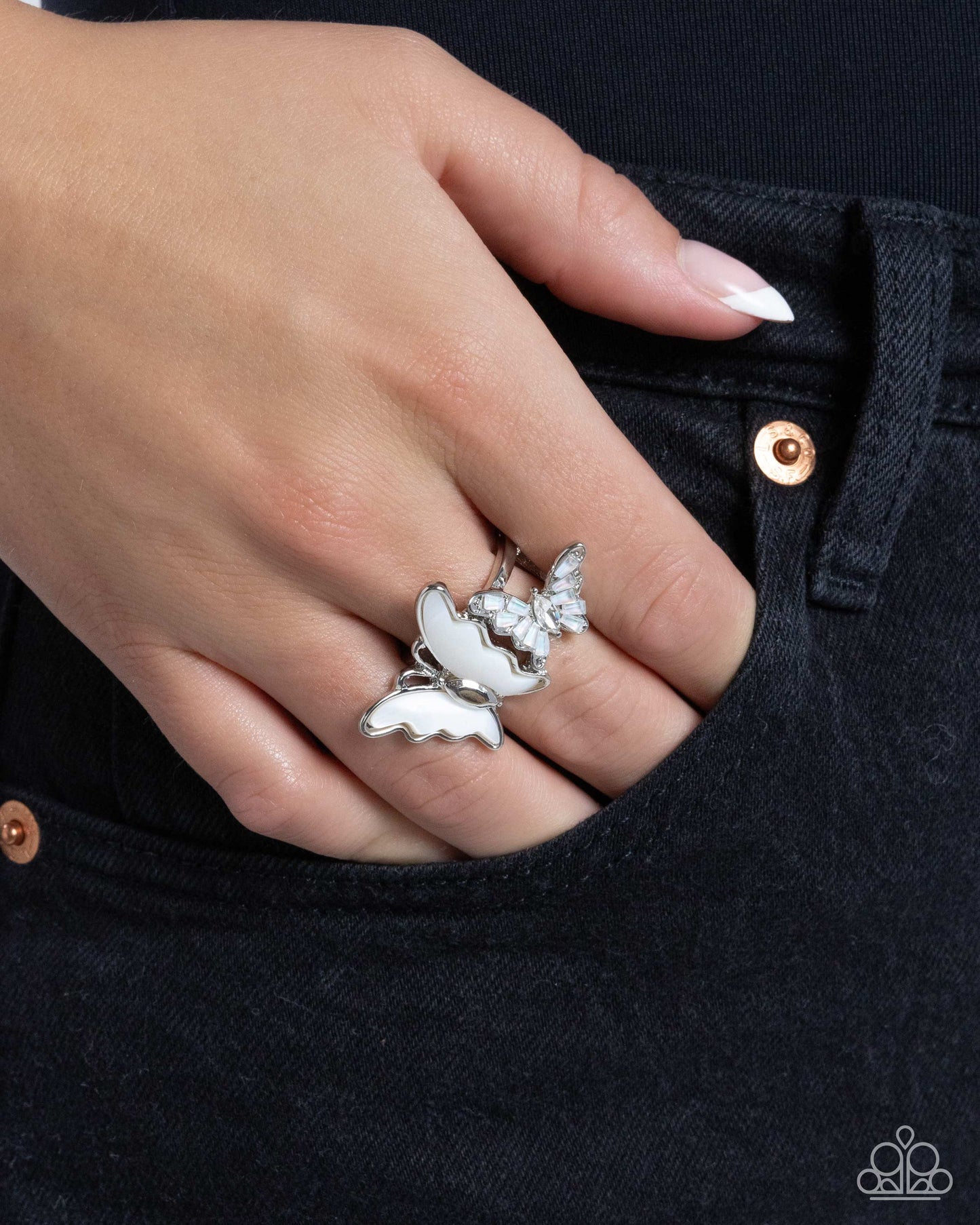 Dueling Decadence - White Gem Butterfly Silver Ring - Paparazzi Accessories