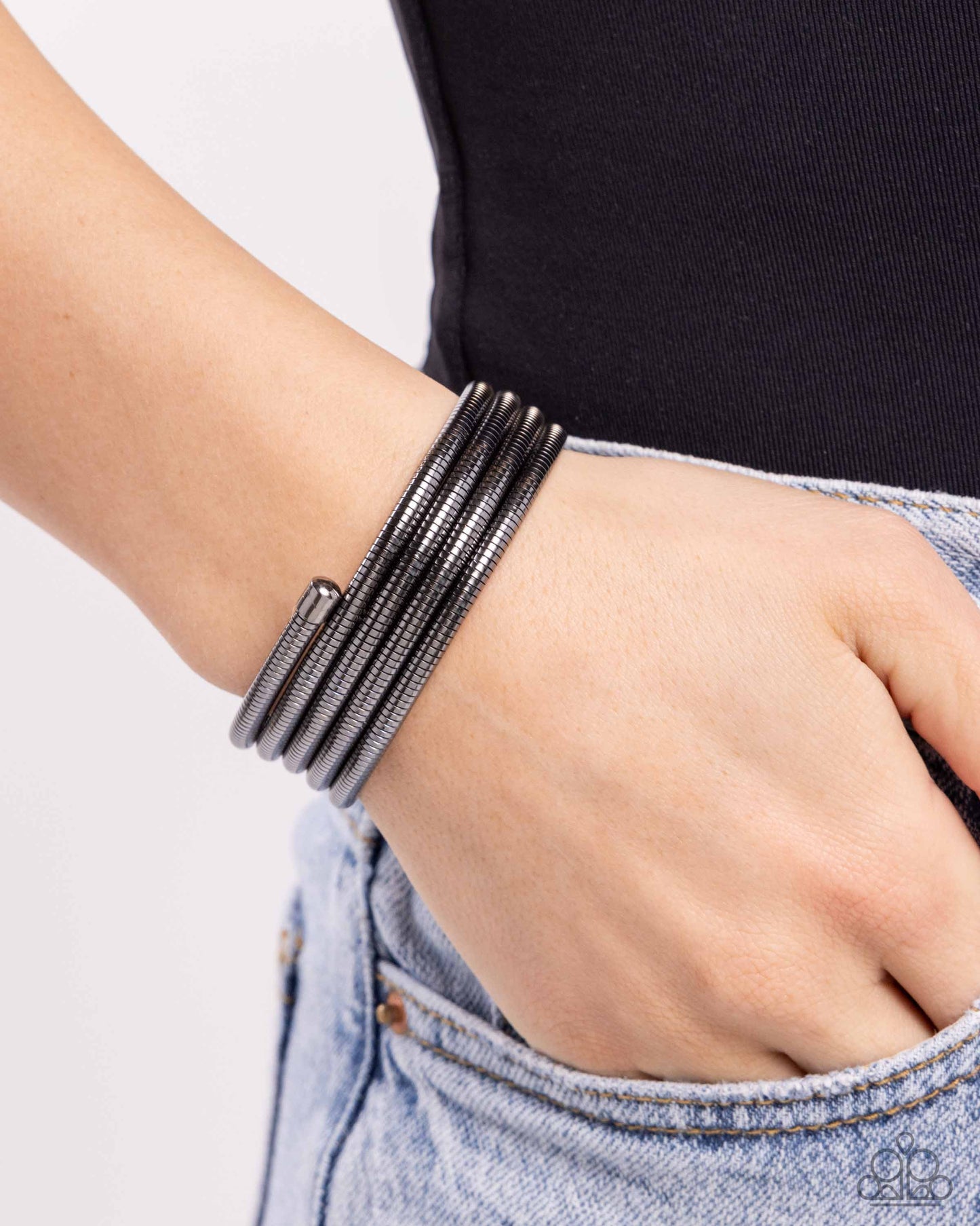 Coiled Command - Black Gunmetal Herringbone Chain Coil Bracelet - Paparazzi Accessories
