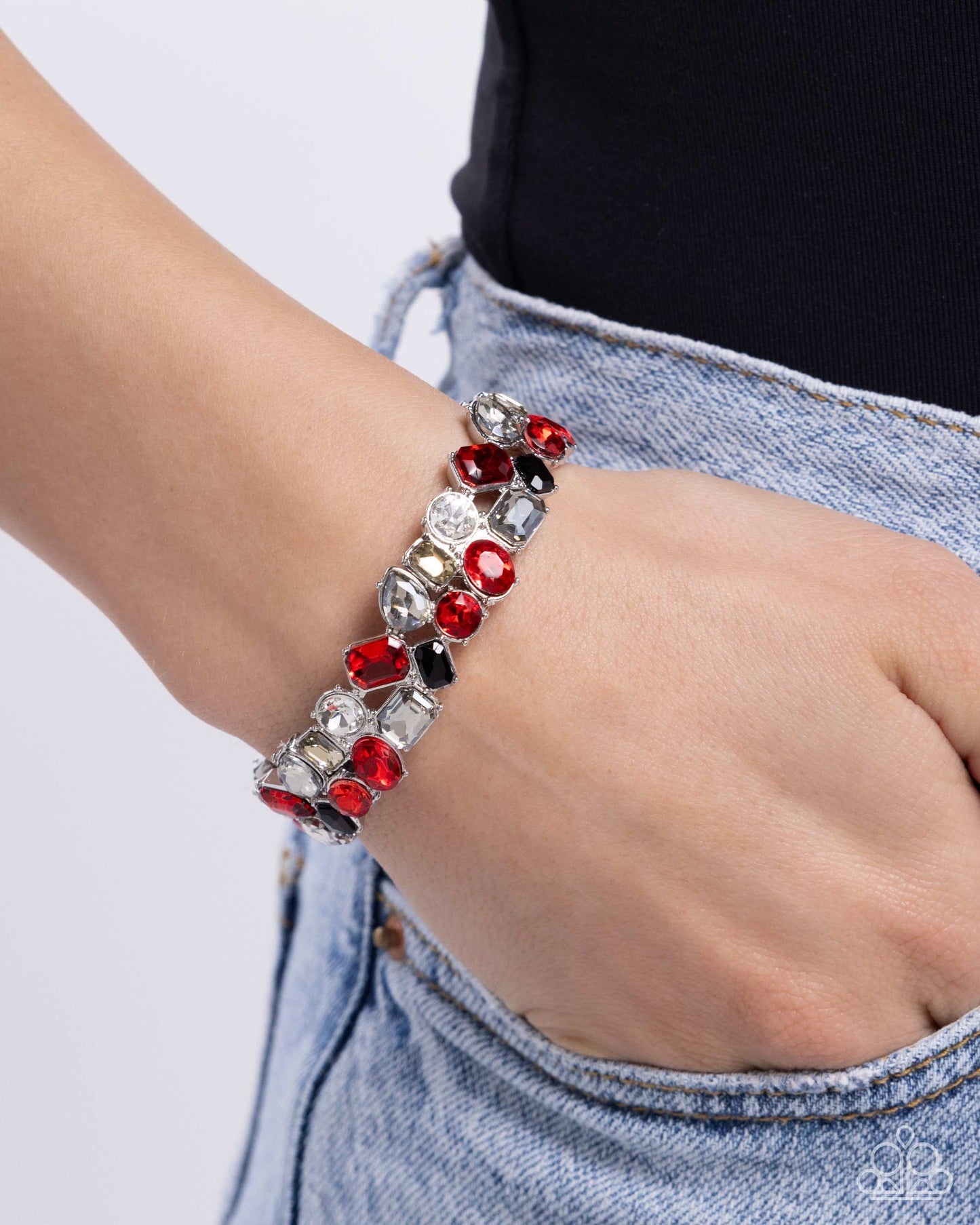 Handcrafted Haven - Red Rhinestone Silver Stretchy Bracelet - Paparazzi Accessories